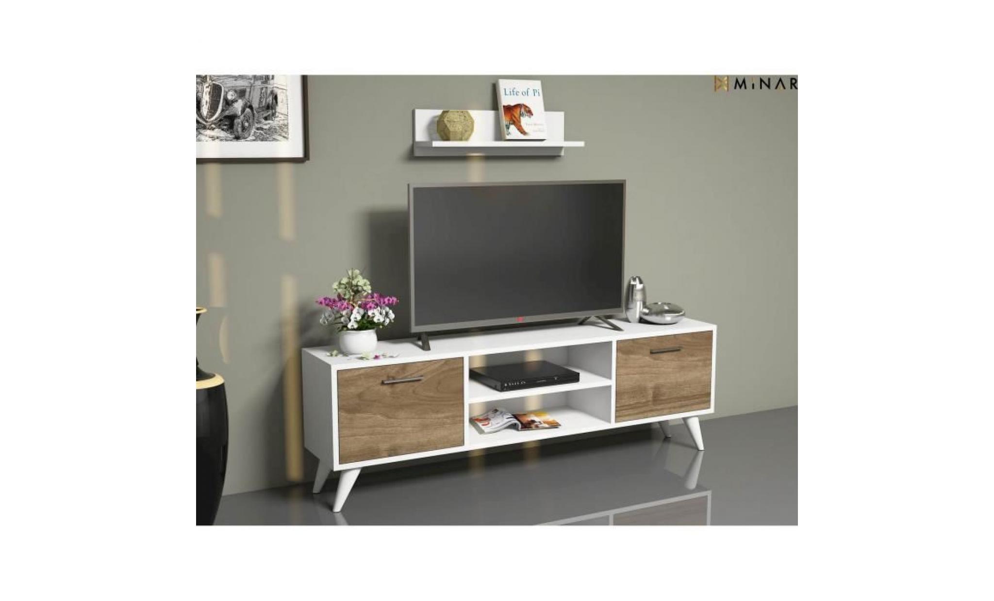meuble tv avec étagère horus   120 x 48 cm   blanc et noix pas cher