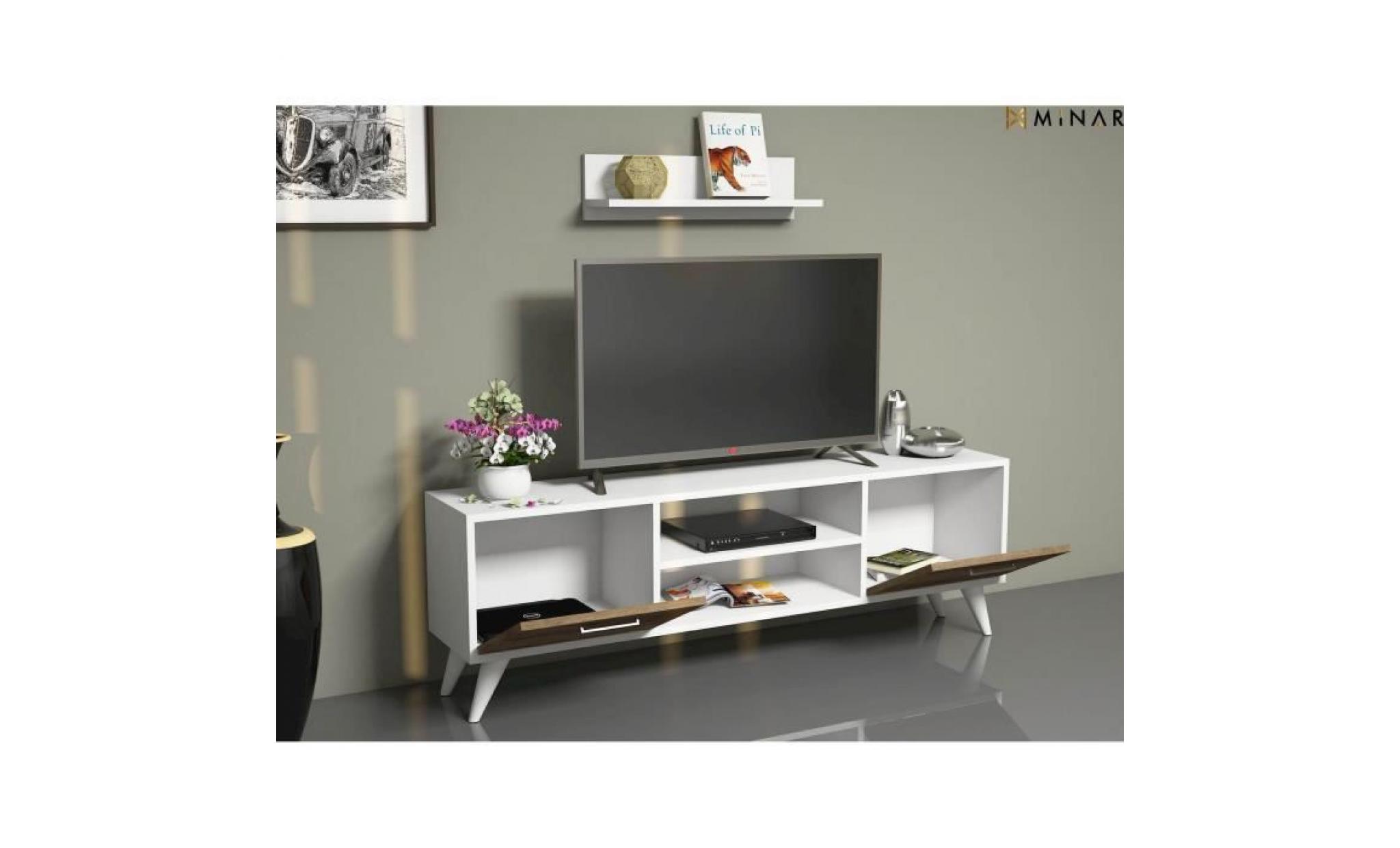meuble tv avec étagère horus   120 x 48 cm   blanc et noix pas cher