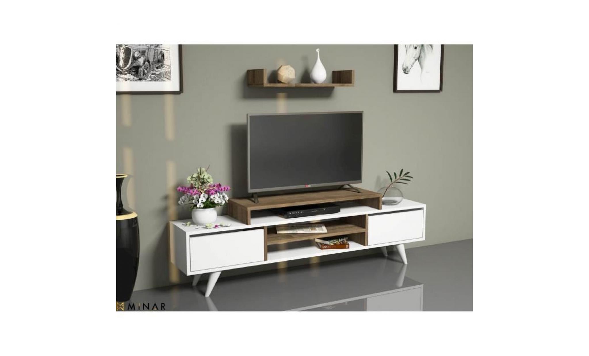 meuble tv avec étagère melis   160 x 48 cm   blanc et noix pas cher