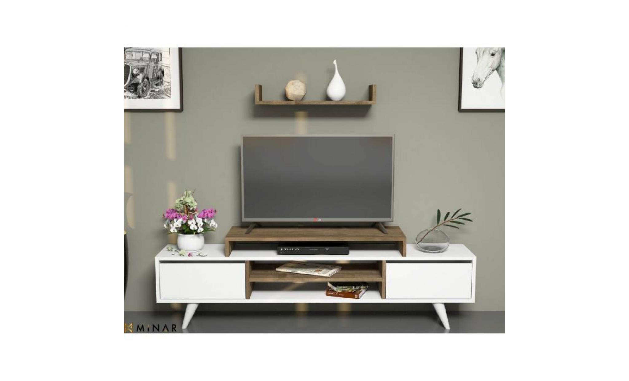 meuble tv avec étagère melis   160 x 48 cm   blanc et noix pas cher