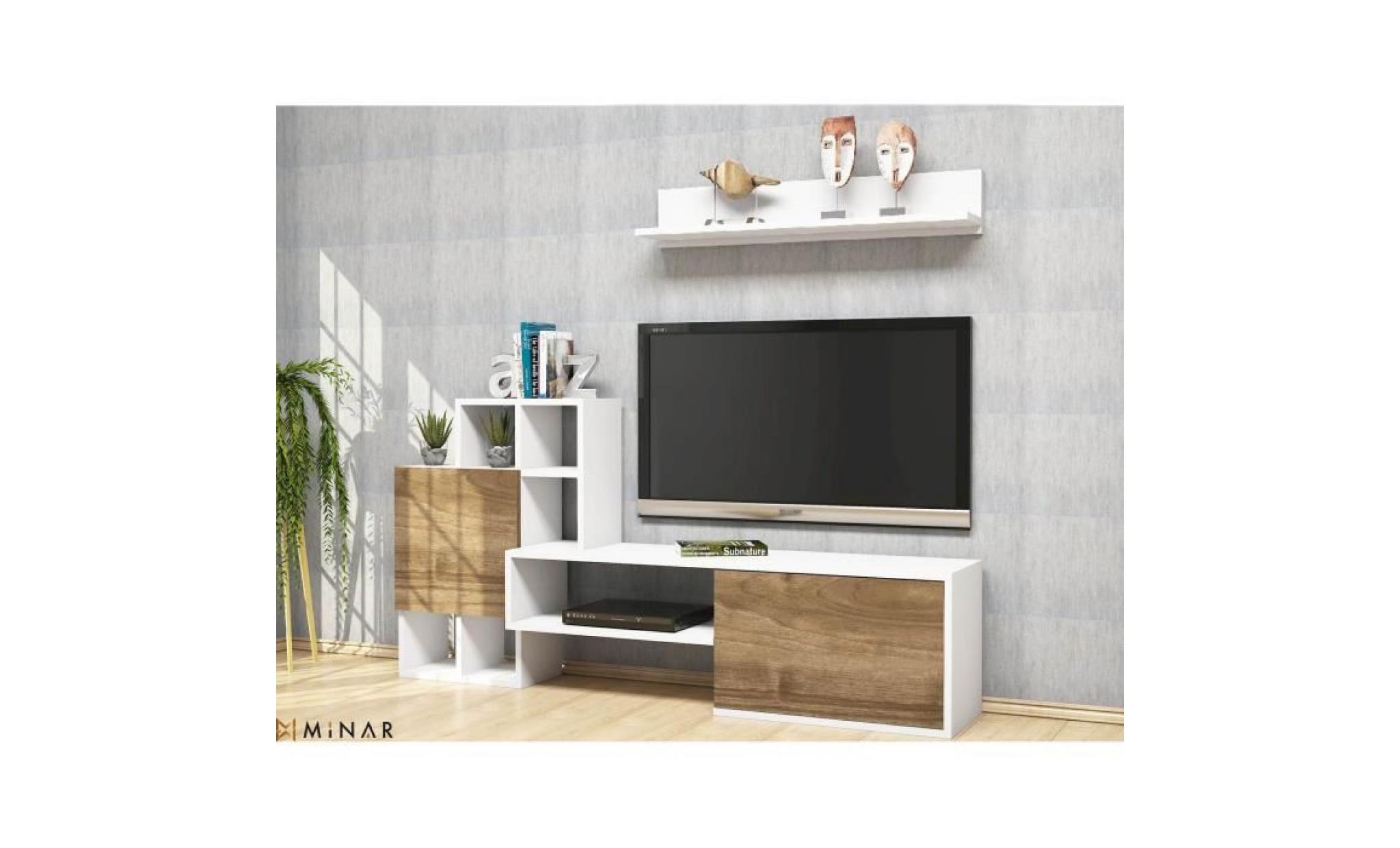 meuble tv avec étagère rinaldo   160 x 78 cm   blanc et beige pas cher