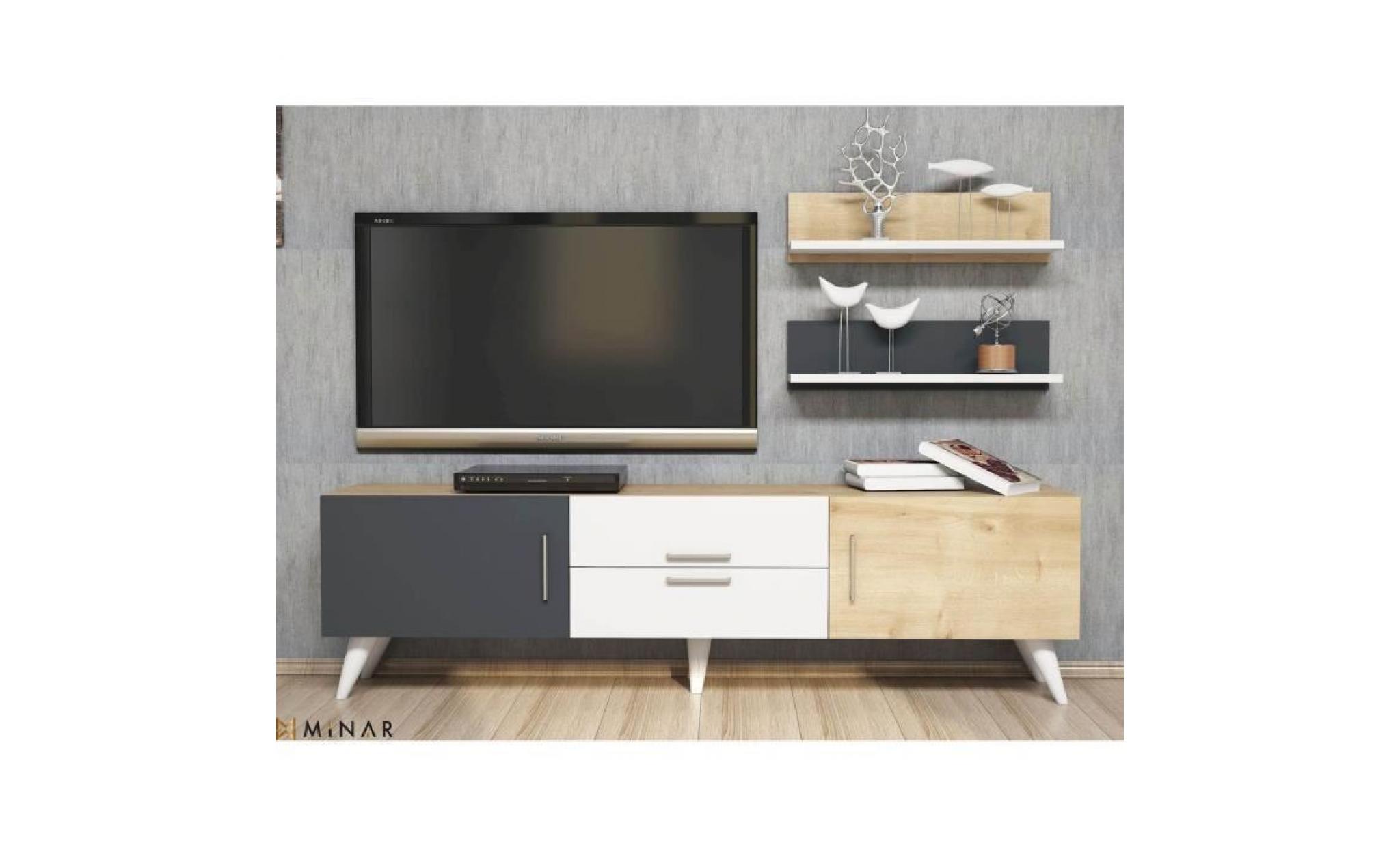 meuble tv avec étagères only   160 x 45 cm   gris, blanc et beige pas cher