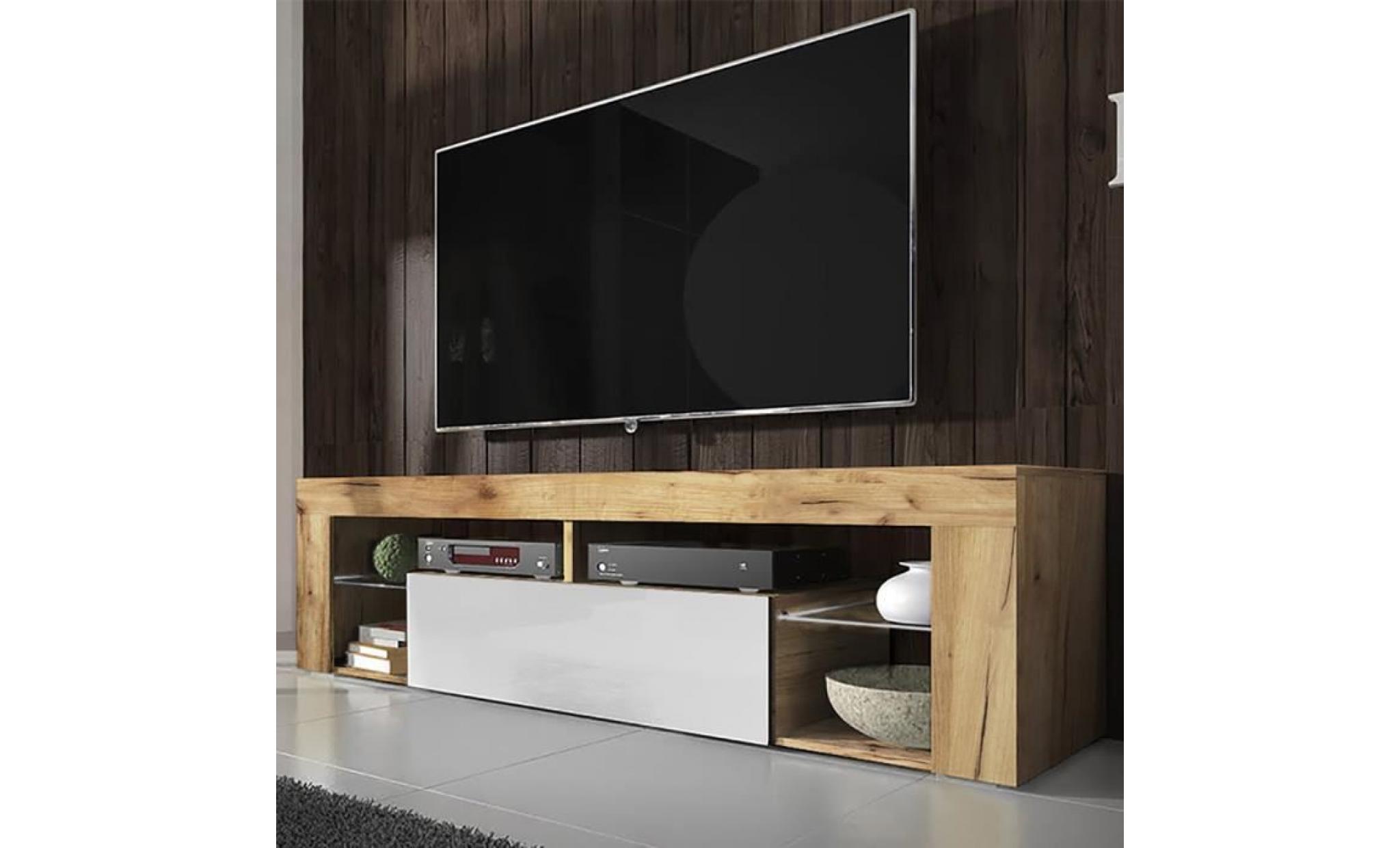 meuble tv / banc tv   hugo   140 cm   chêne lancaster / blanc brillant   sans led   style moderne   tablettes en verre