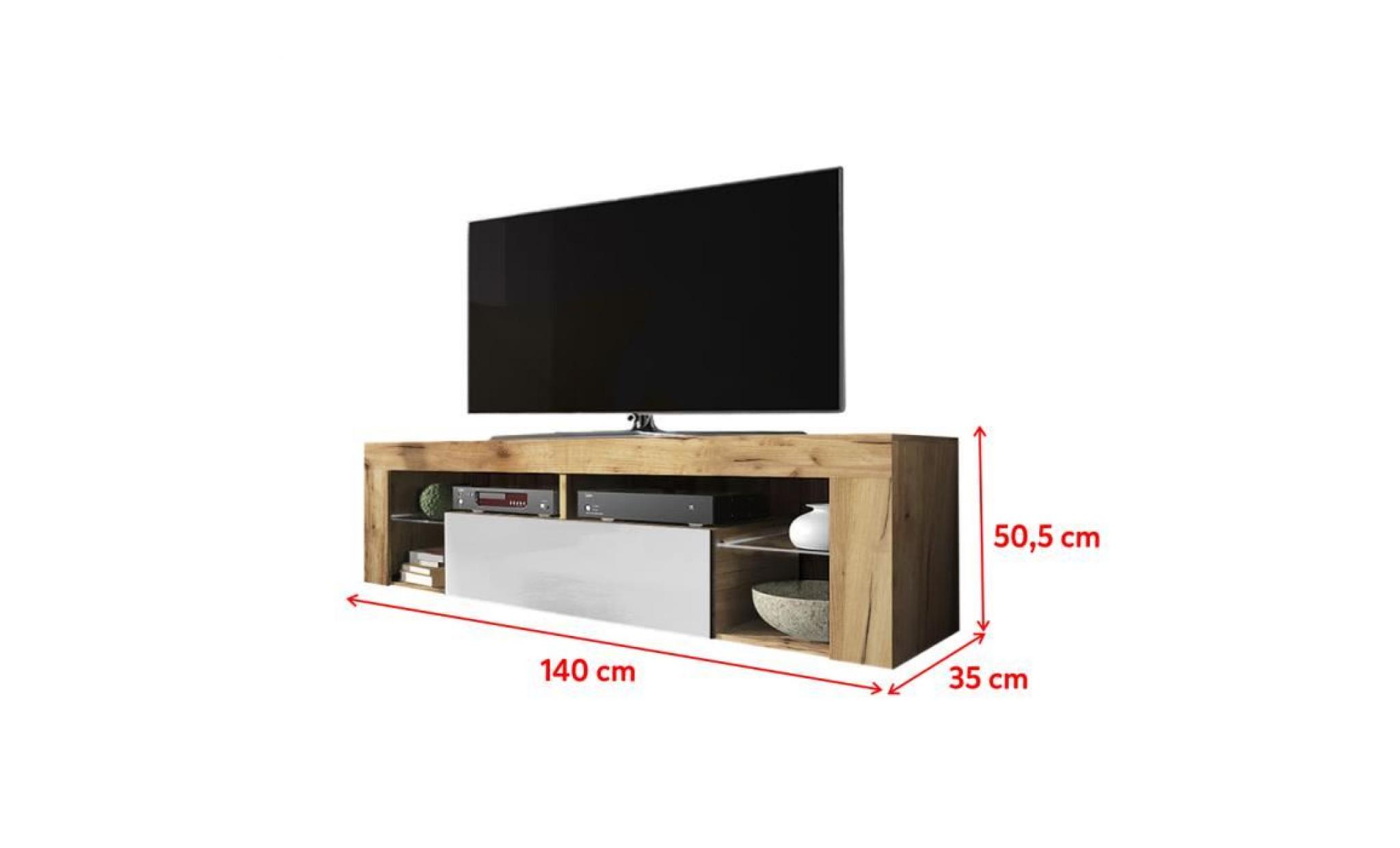 meuble tv / banc tv   hugo   140 cm   chêne lancaster / blanc brillant   sans led   style moderne   tablettes en verre pas cher