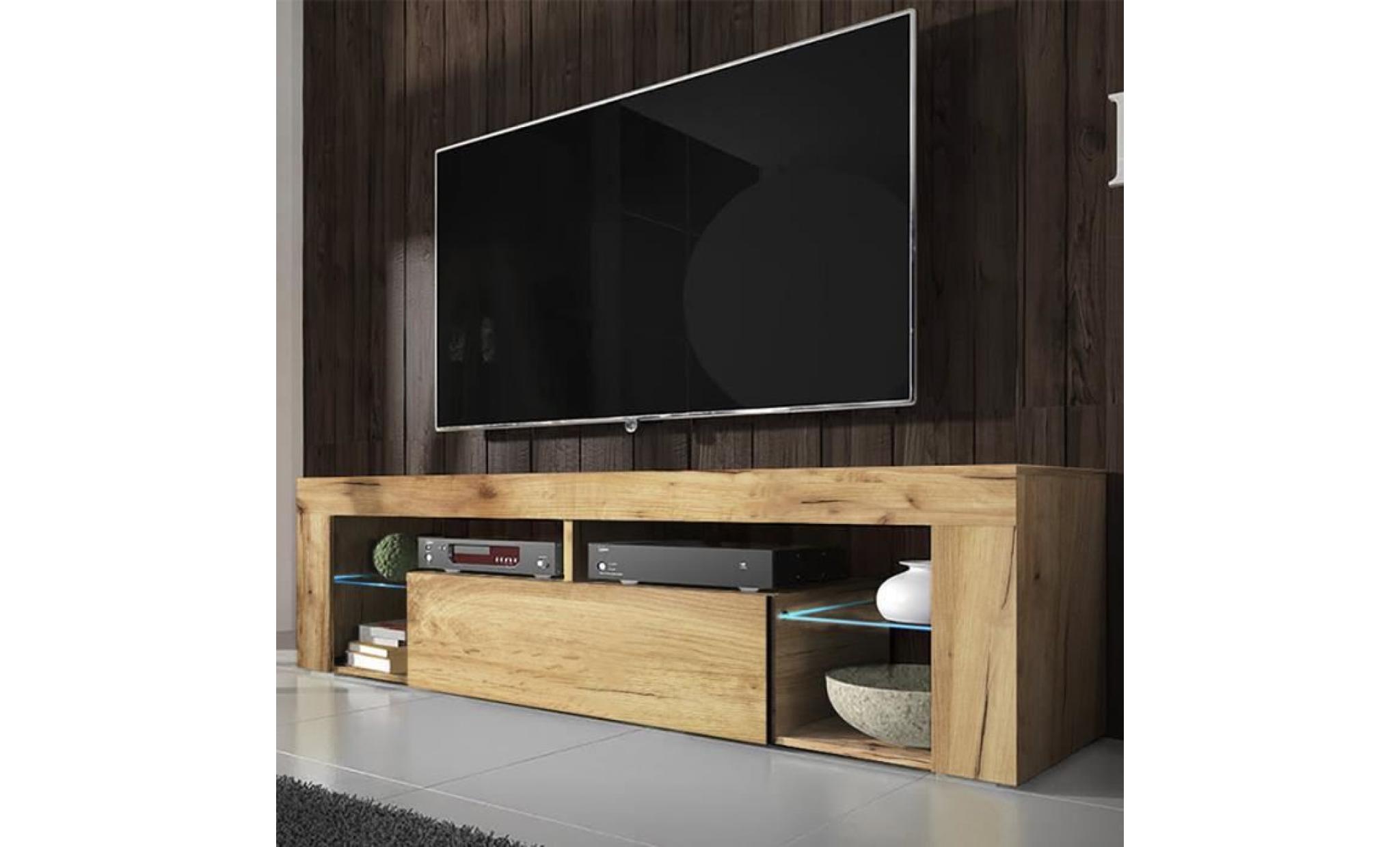 meuble tv / banc tv   hugo   140 cm   chêne lancaster / blanc brillant   avec led   style moderne   tablettes en verre