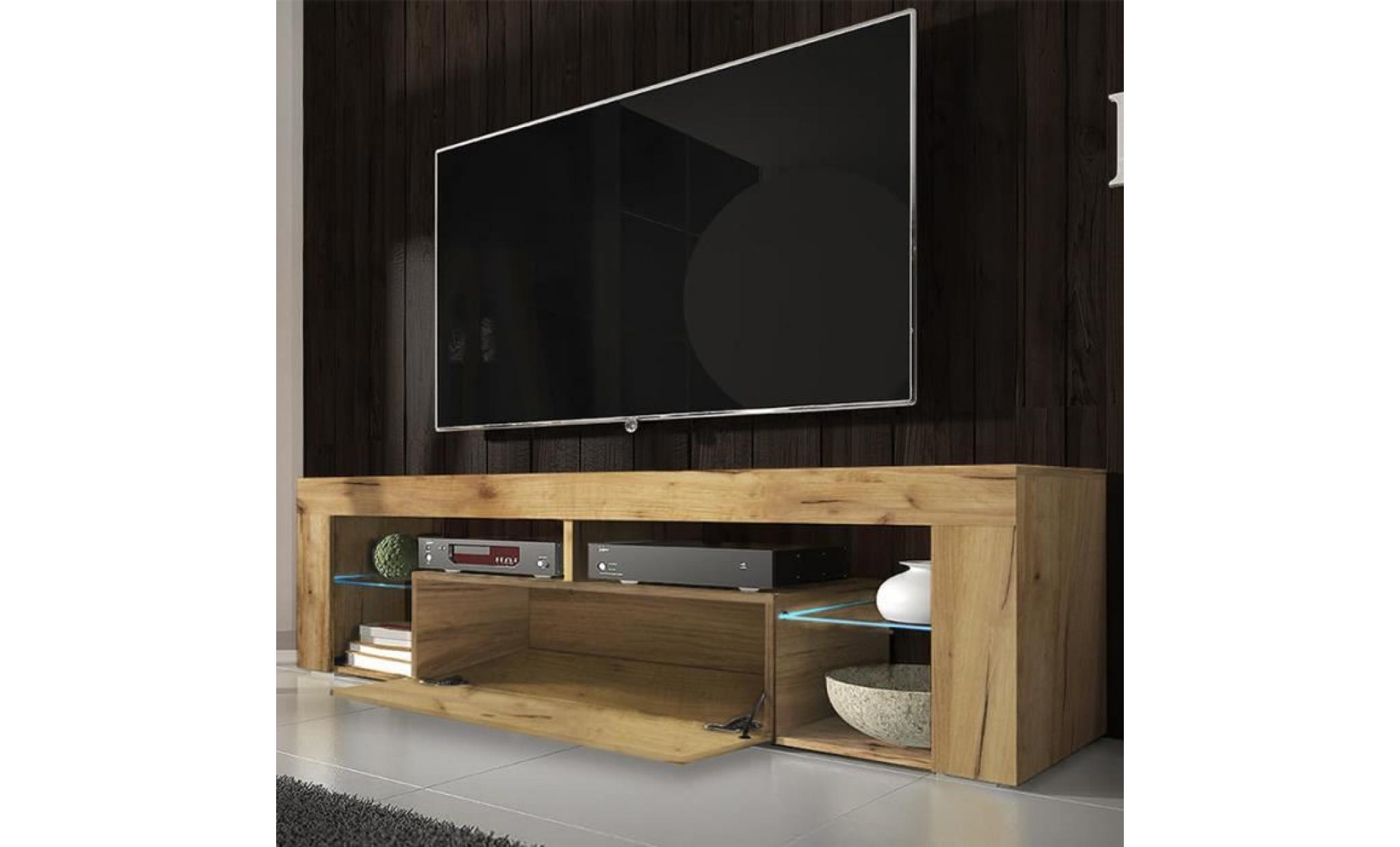 meuble tv / banc tv   hugo   140 cm   chêne lancaster / blanc brillant   avec led   style moderne   tablettes en verre pas cher