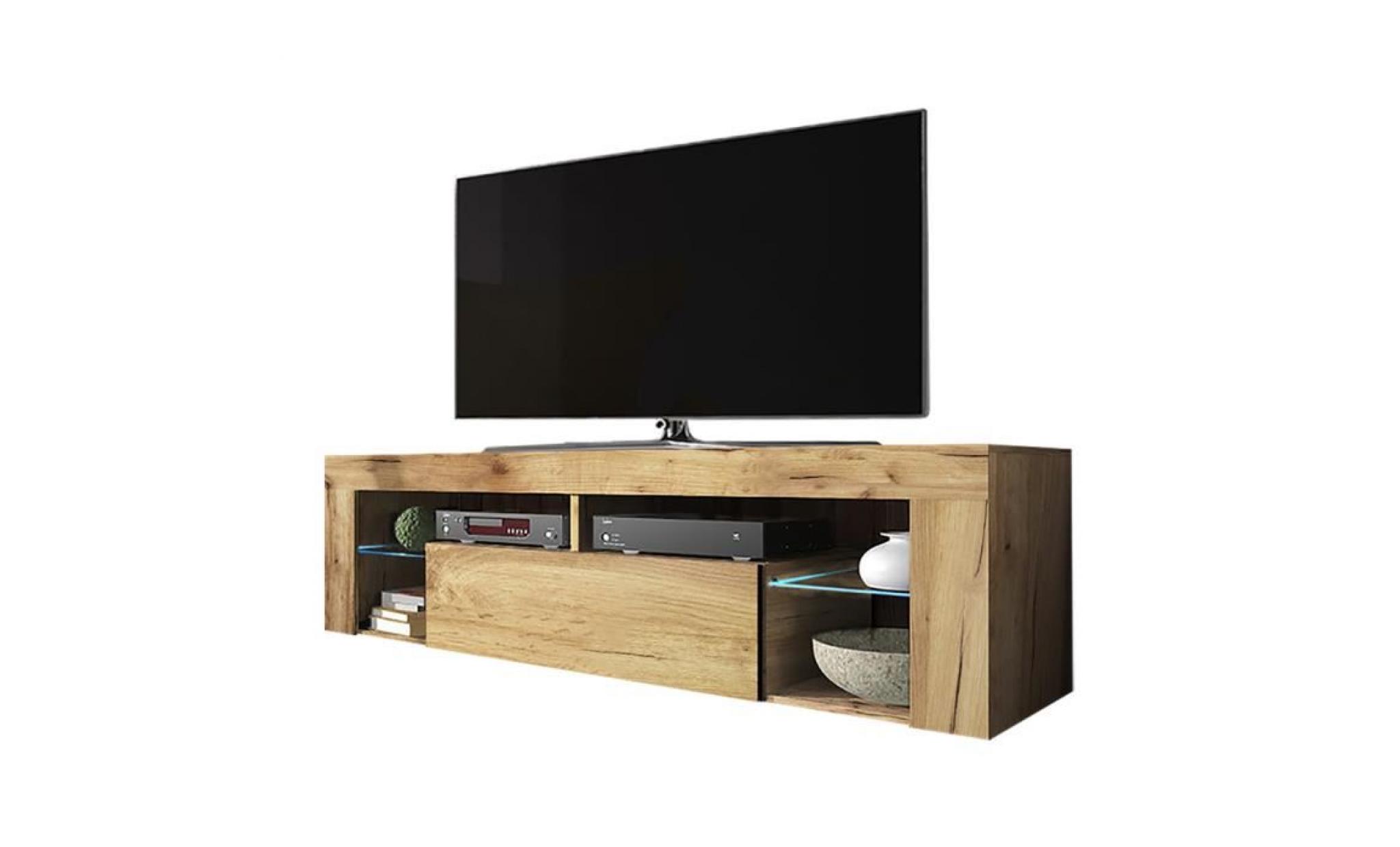 meuble tv / banc tv   hugo   140 cm   chêne lancaster / blanc brillant   avec led   style moderne   tablettes en verre pas cher