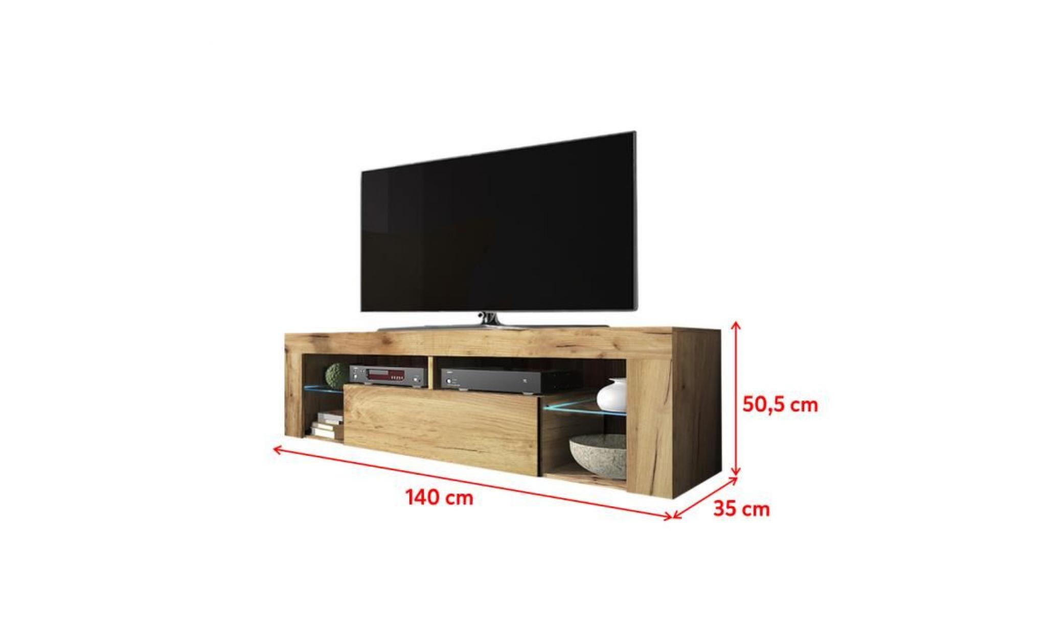 meuble tv / banc tv   hugo   140 cm   chêne lancaster / noir brillant    sans led   style moderne   tablettes en verre pas cher