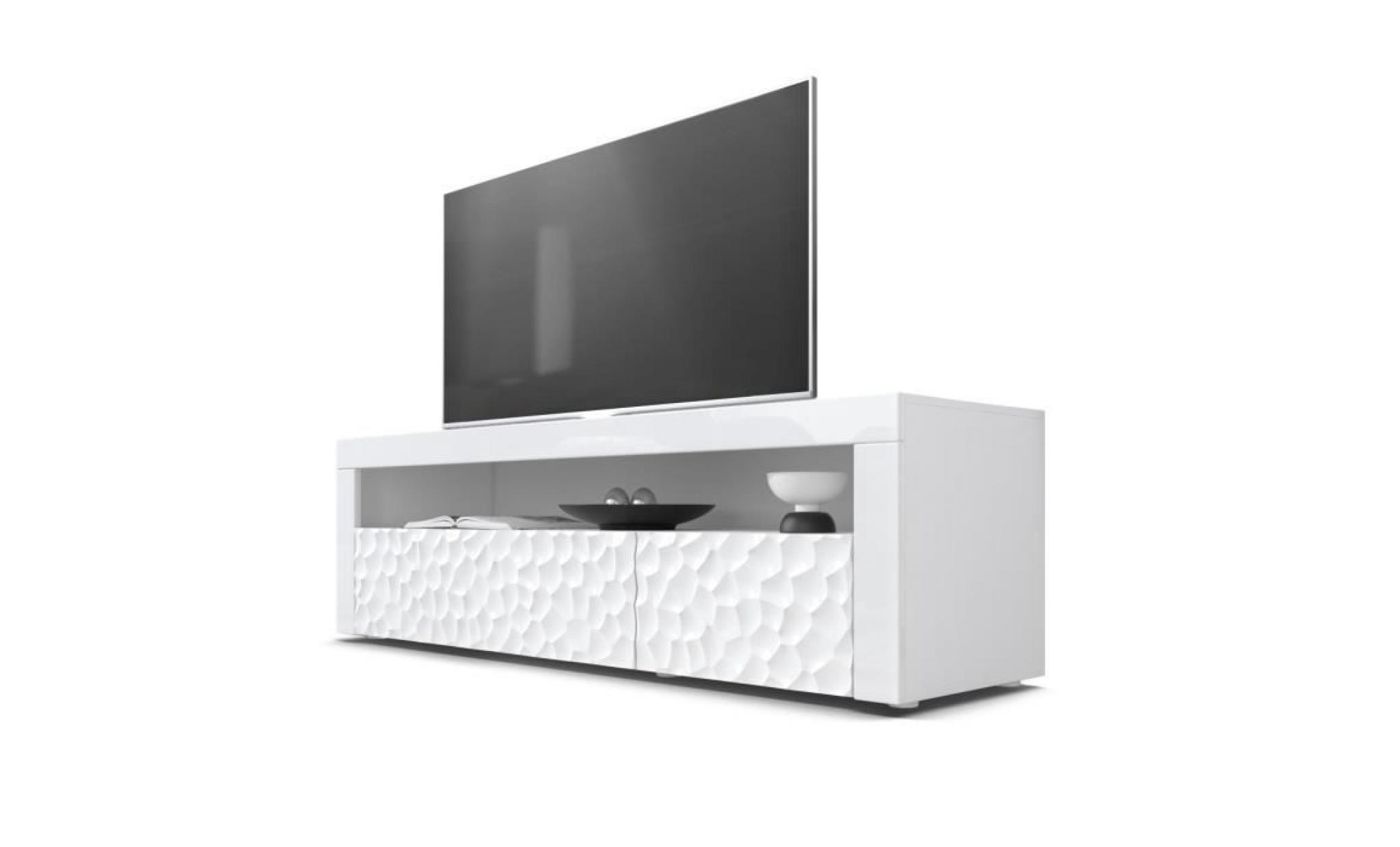 meuble tv bas valencia, corps en blanc mat   façades en blanc haute brillance element avec une structure 3d fraisée et bandeaux en