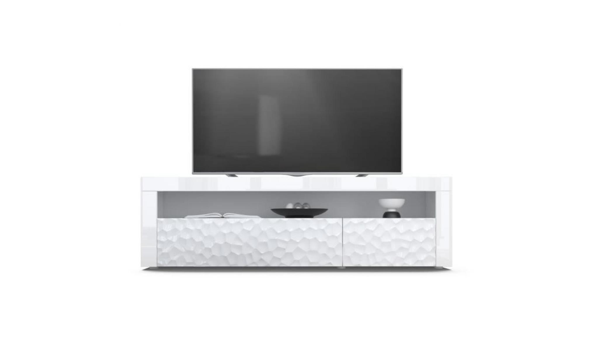 meuble tv bas valencia, corps en blanc mat   façades en blanc haute brillance element avec une structure 3d fraisée et bandeaux en pas cher