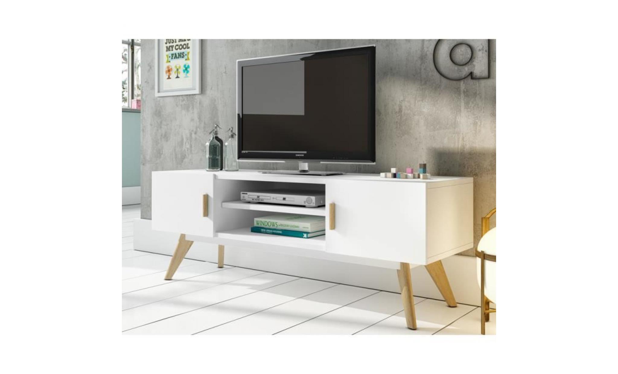 meuble tv blanc mat et en bois contemporain solange l 120 x p 40 x h 45 cm blanc