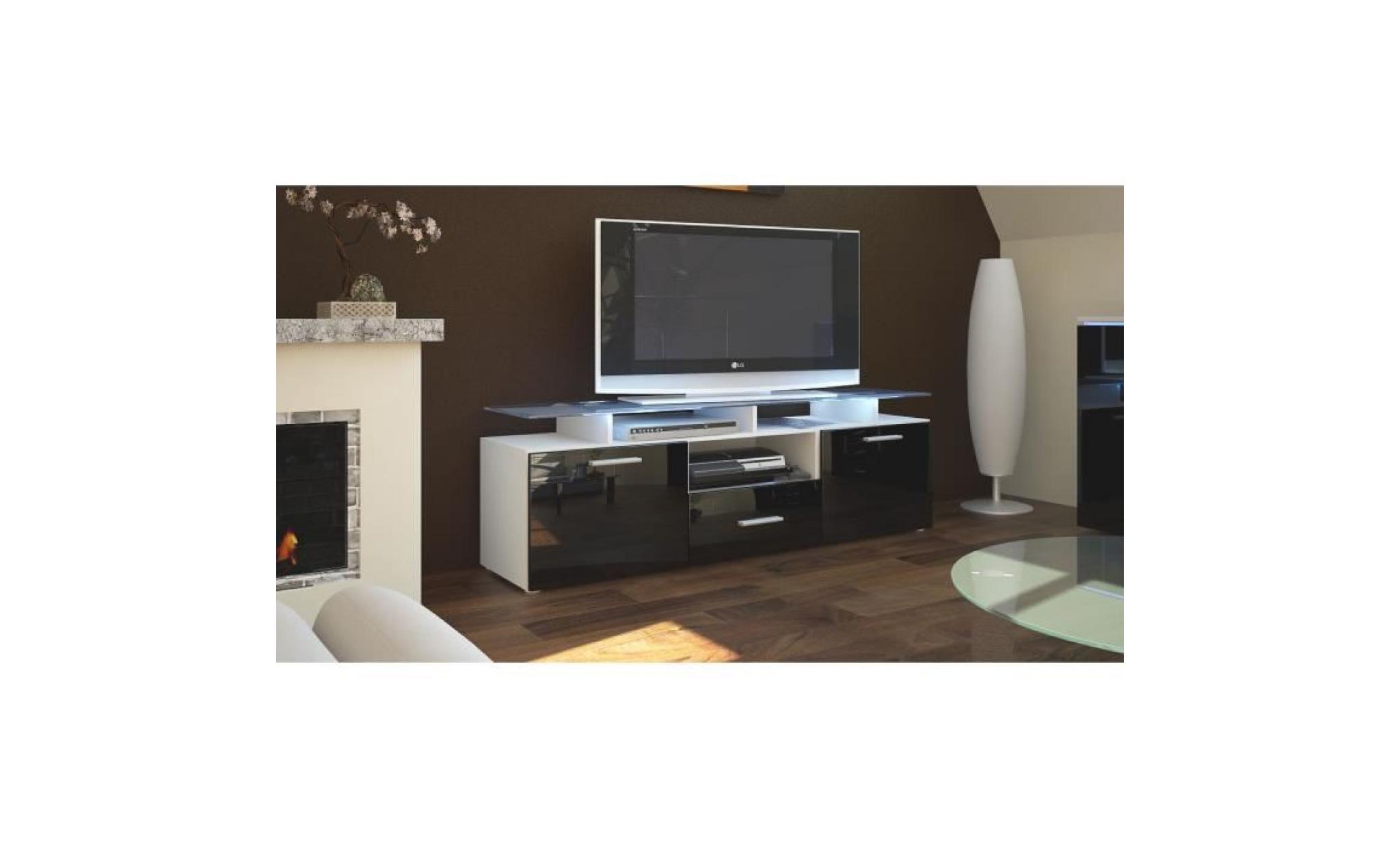 meuble tv  blanc mat et noir laqué avec led 146 cm pas cher