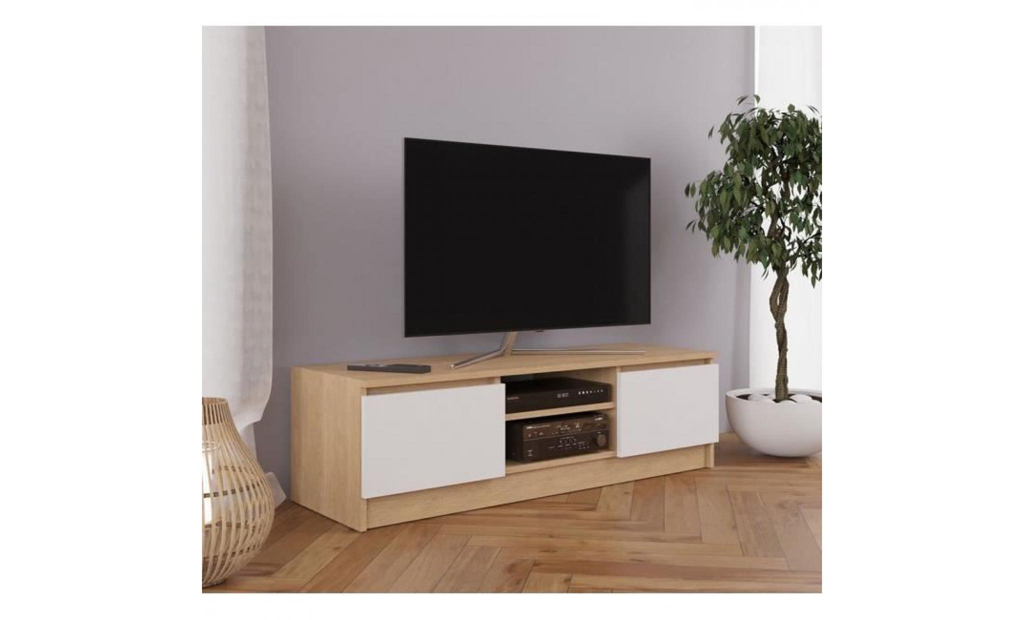 meuble tv blanc mat et sonoma 120 cm pas cher
