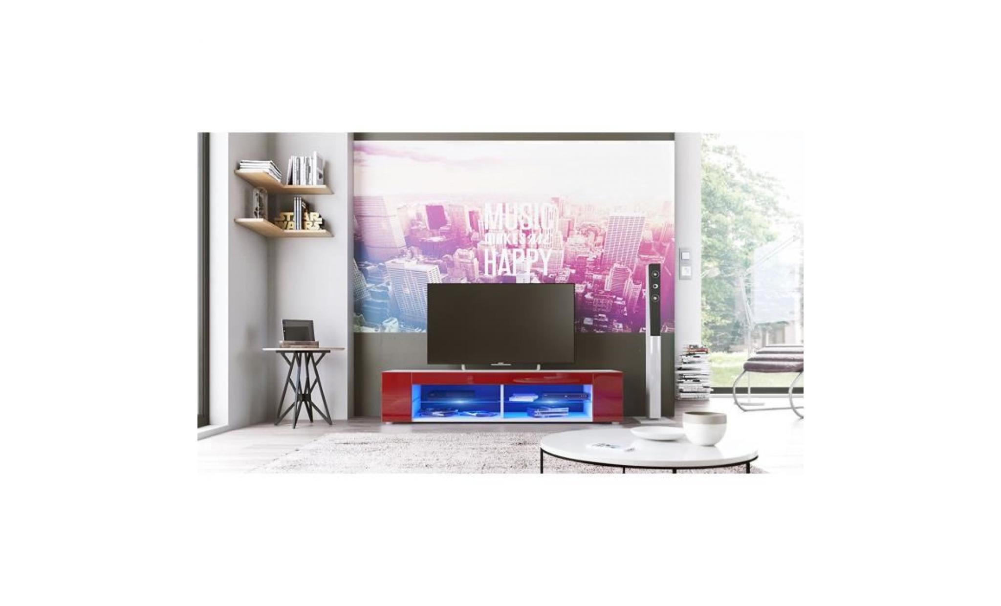 meuble tv blanc  mat  façades en bordeaux laquées led bleu pas cher