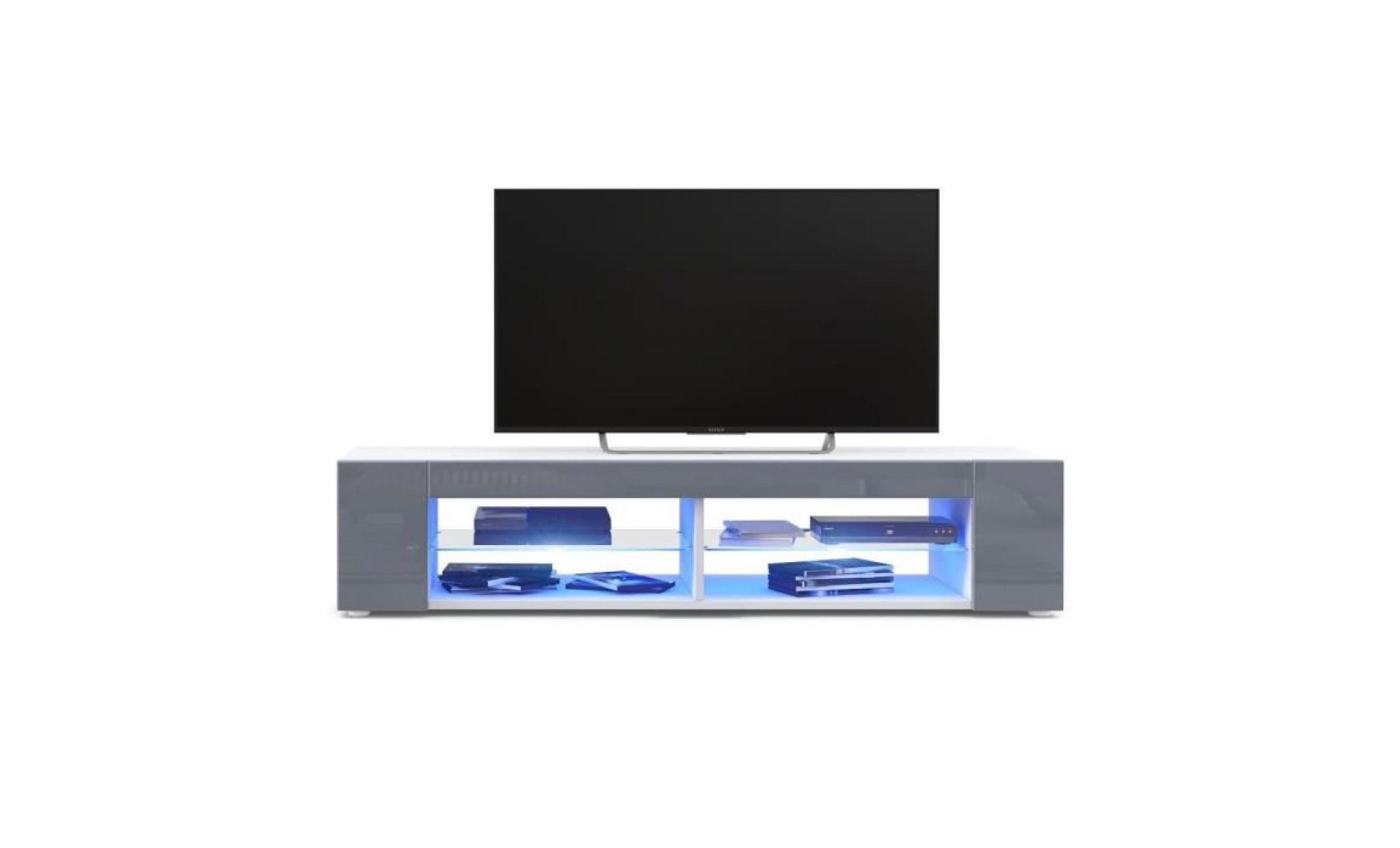 meuble tv  blanc  mat  façades en gris laquées led bleu pas cher