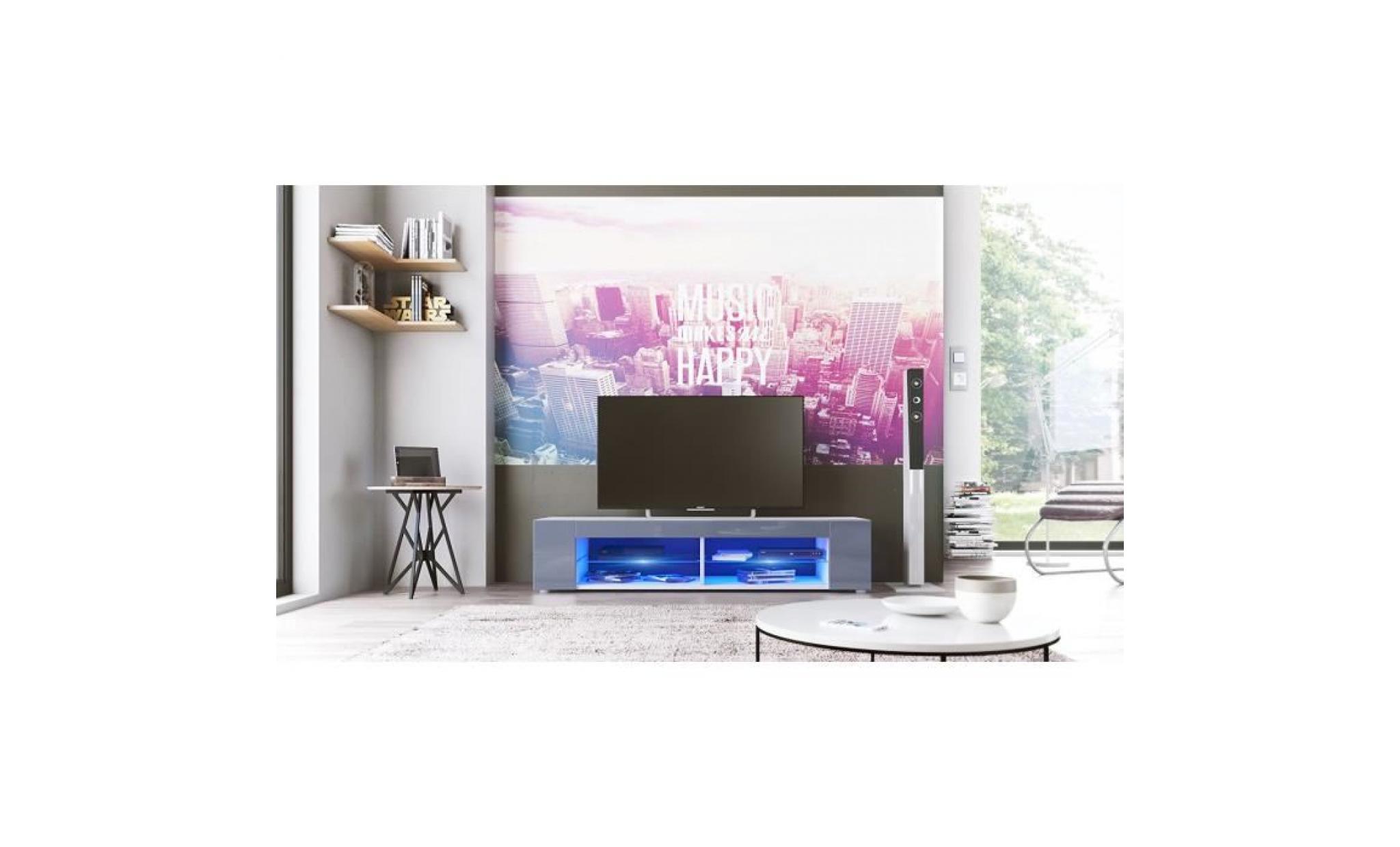 meuble tv  blanc  mat  façades en gris laquées led bleu pas cher