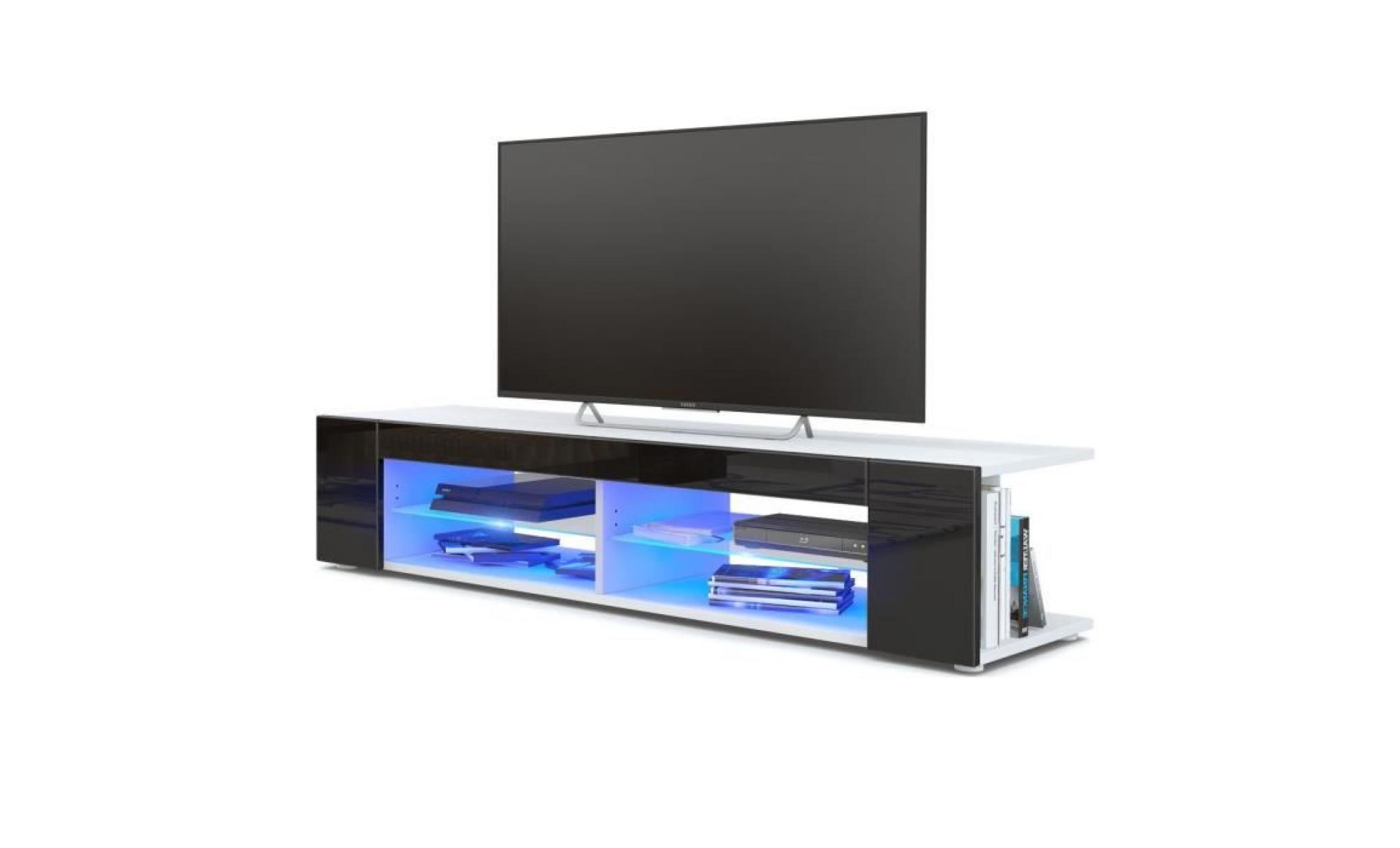 meuble tv  blanc  mat  façades en noir  laquées led bleu