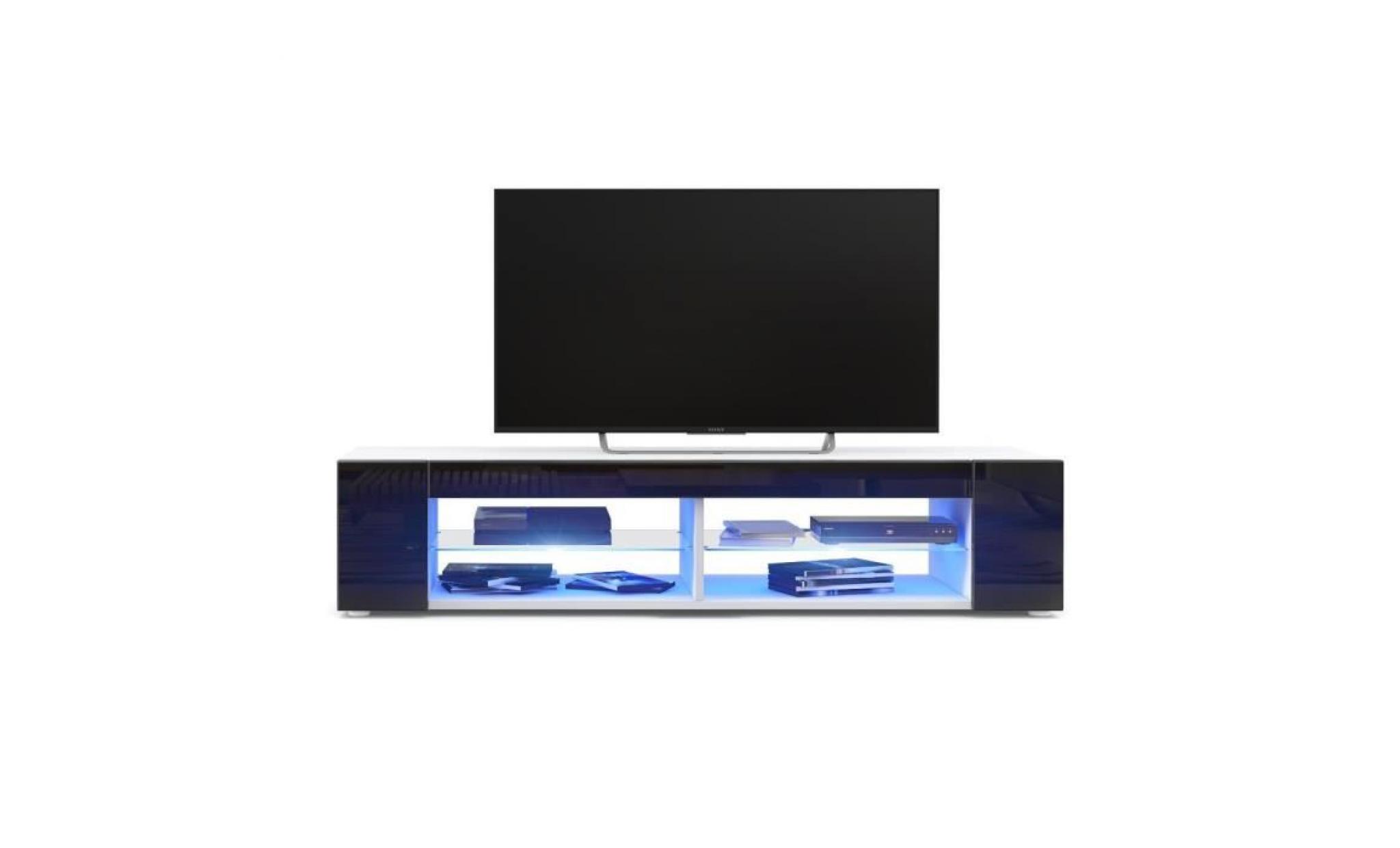 meuble tv  blanc  mat  façades en noir  laquées led bleu pas cher
