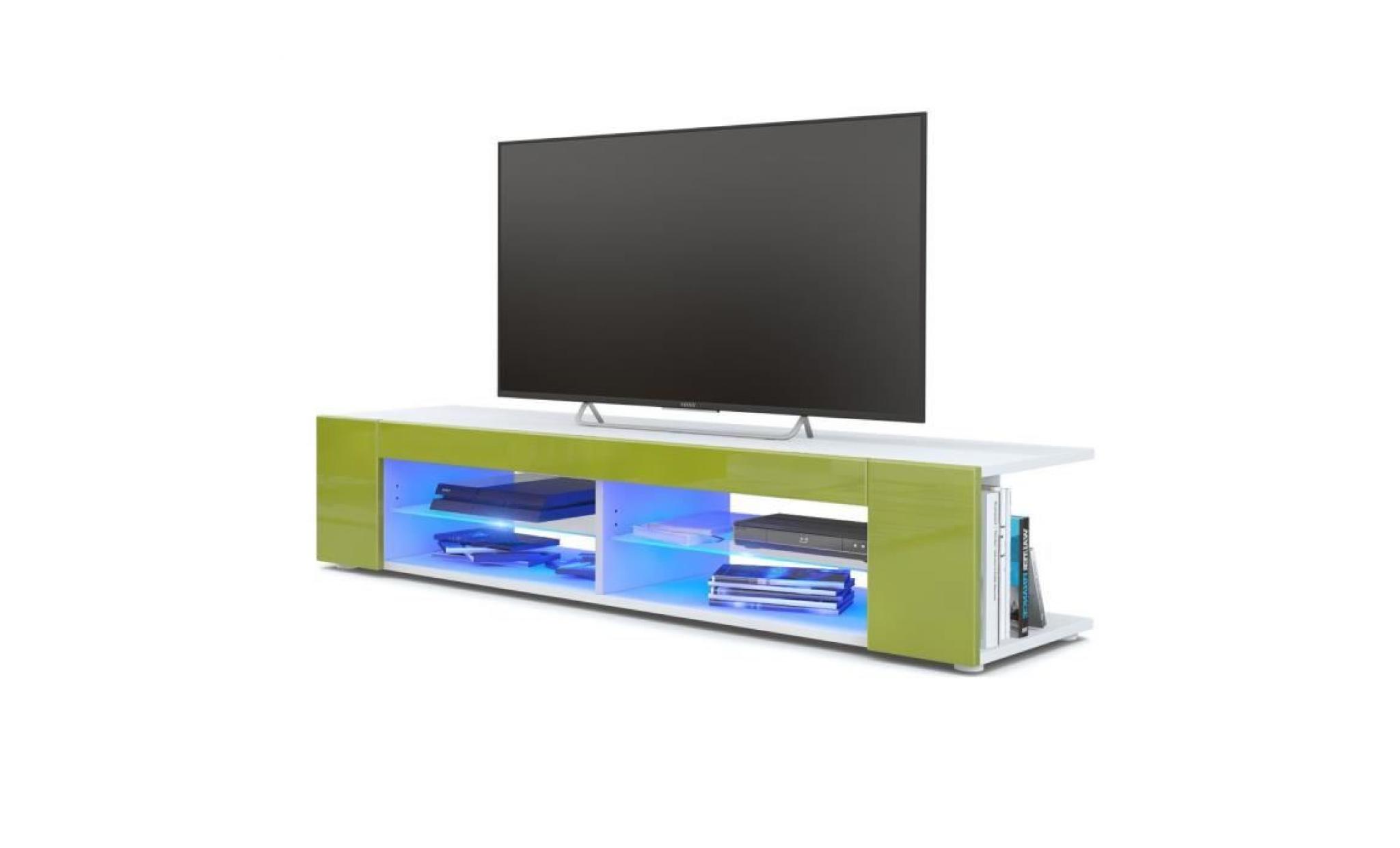meuble tv blanc  mat  façades en vert clair laquées led bleu
