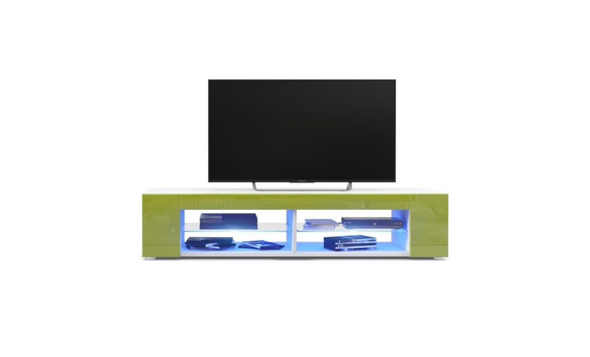 meuble tv blanc  mat  façades en vert clair laquées led bleu pas cher