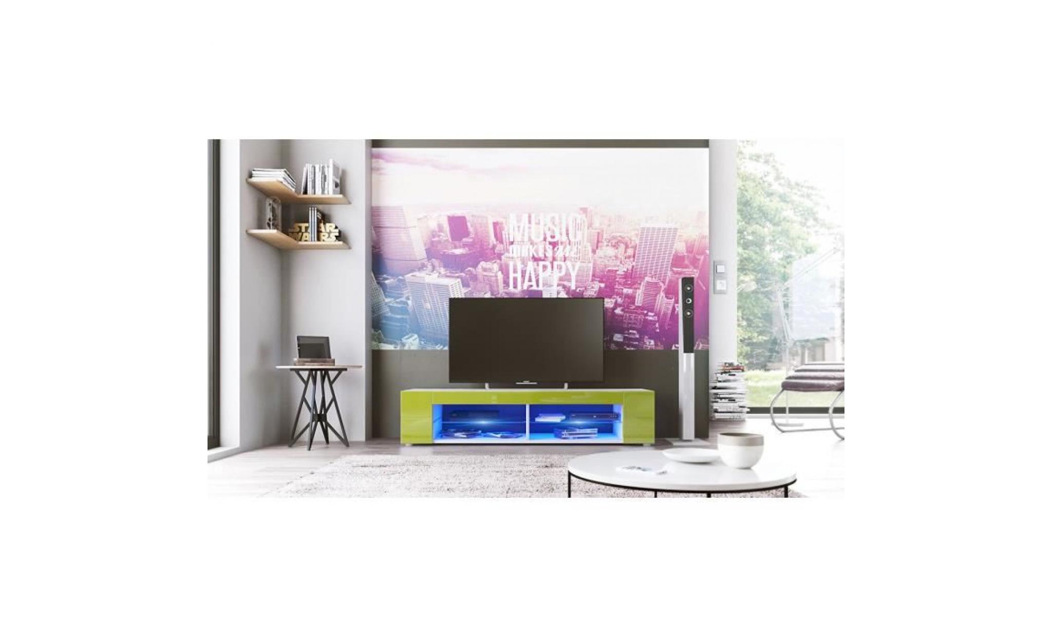 meuble tv blanc  mat  façades en vert clair laquées led bleu pas cher