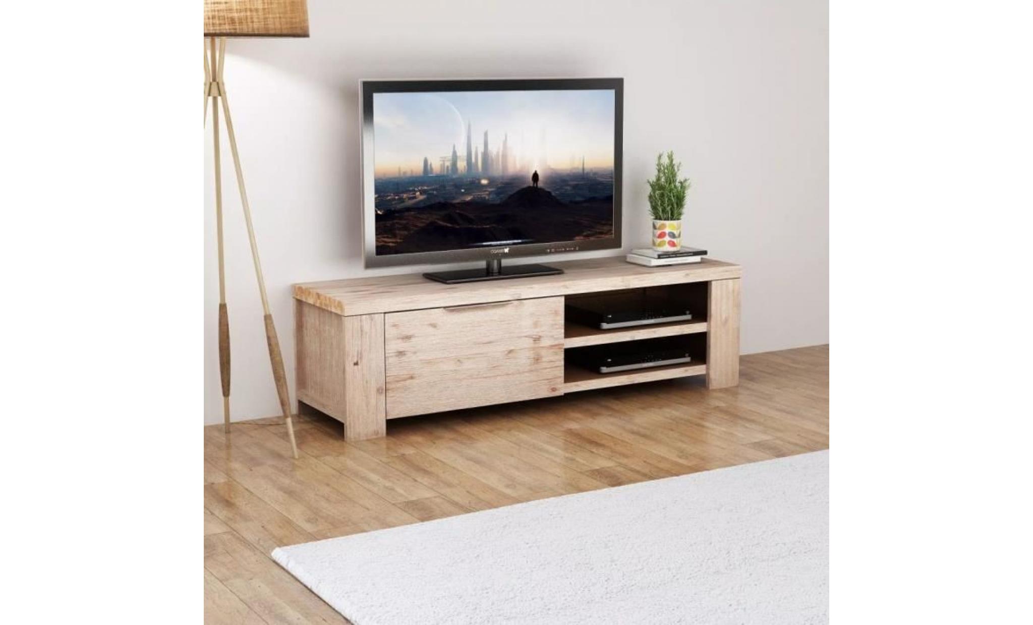 meuble tv bois d'acacia massif brossé 140 x 38 x 40 cm  muble tv mural scandinave contemporain