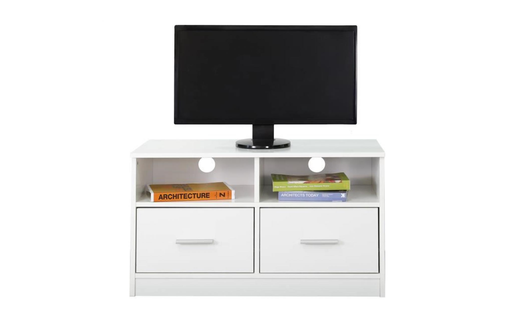 meuble tv cabinet en bois avec 2 tiroirs et tablettes de rangement unité divertissement blanc
