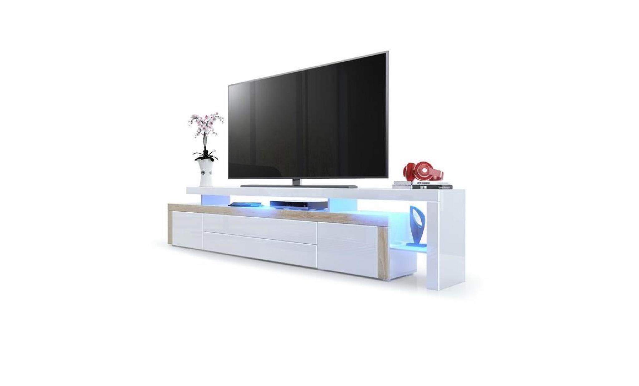 meuble tv  chêne brut / blanc laqué 227 cm avec led