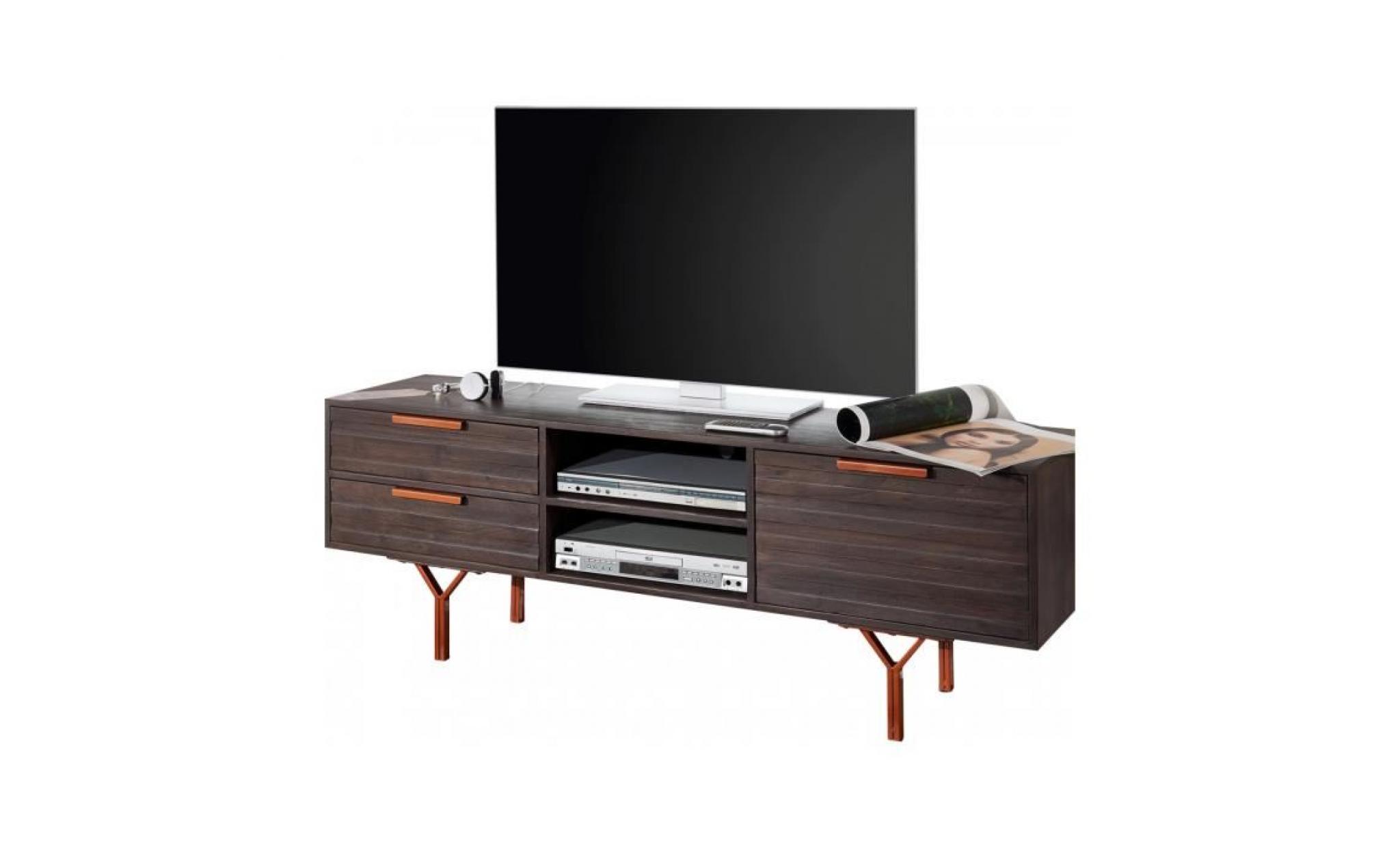 meuble tv contemporain gris rustique piètement en acier et bois massif acacia  l. 160 x p. 40 x h. 58 cm collection c aneta