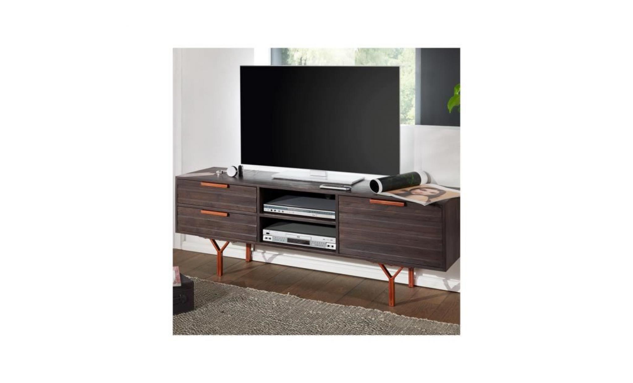 meuble tv contemporain gris rustique piètement en acier et bois massif acacia  l. 160 x p. 40 x h. 58 cm collection c aneta pas cher