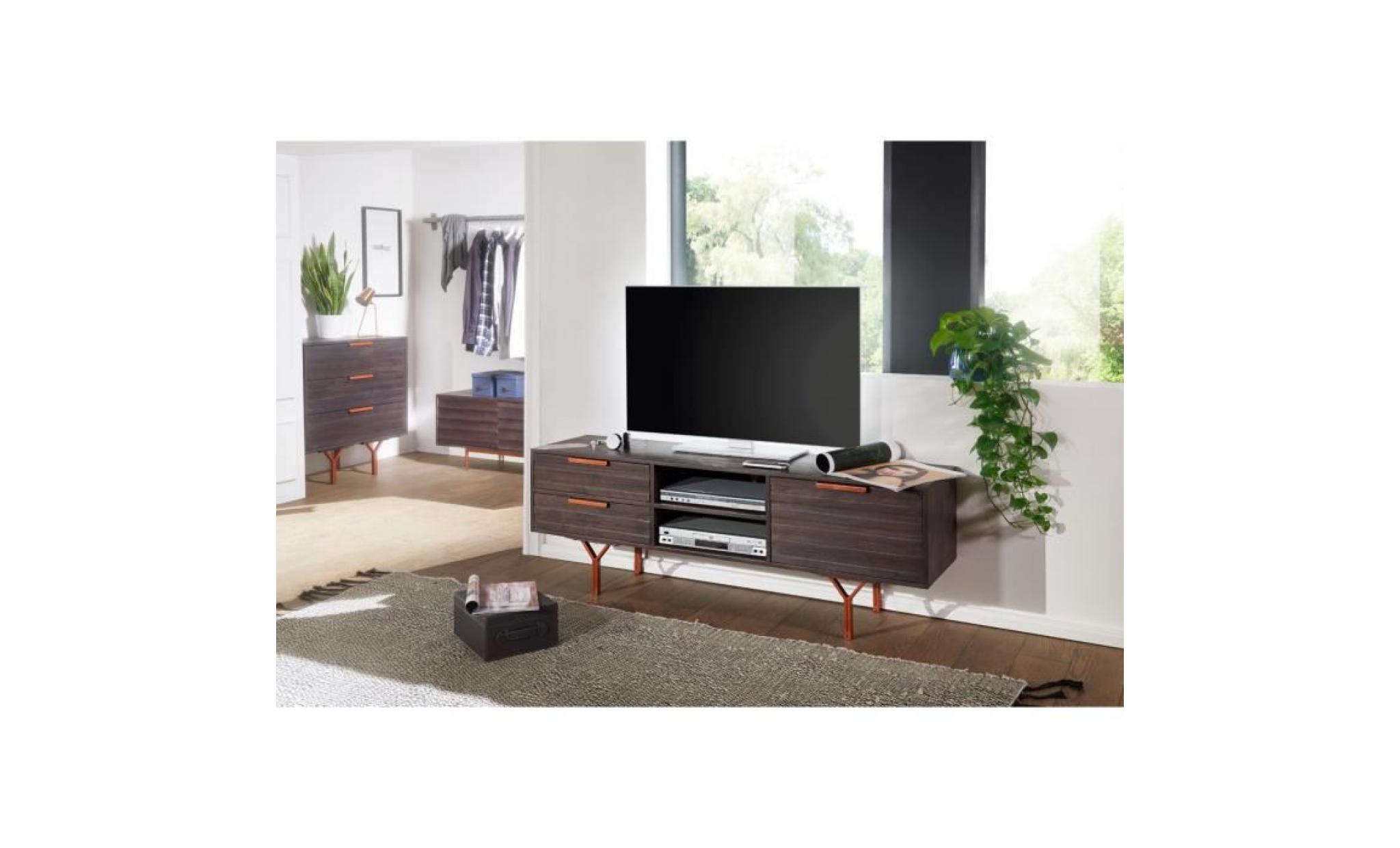 meuble tv contemporain gris rustique piètement en acier et bois massif acacia  l. 160 x p. 40 x h. 58 cm collection c aneta pas cher