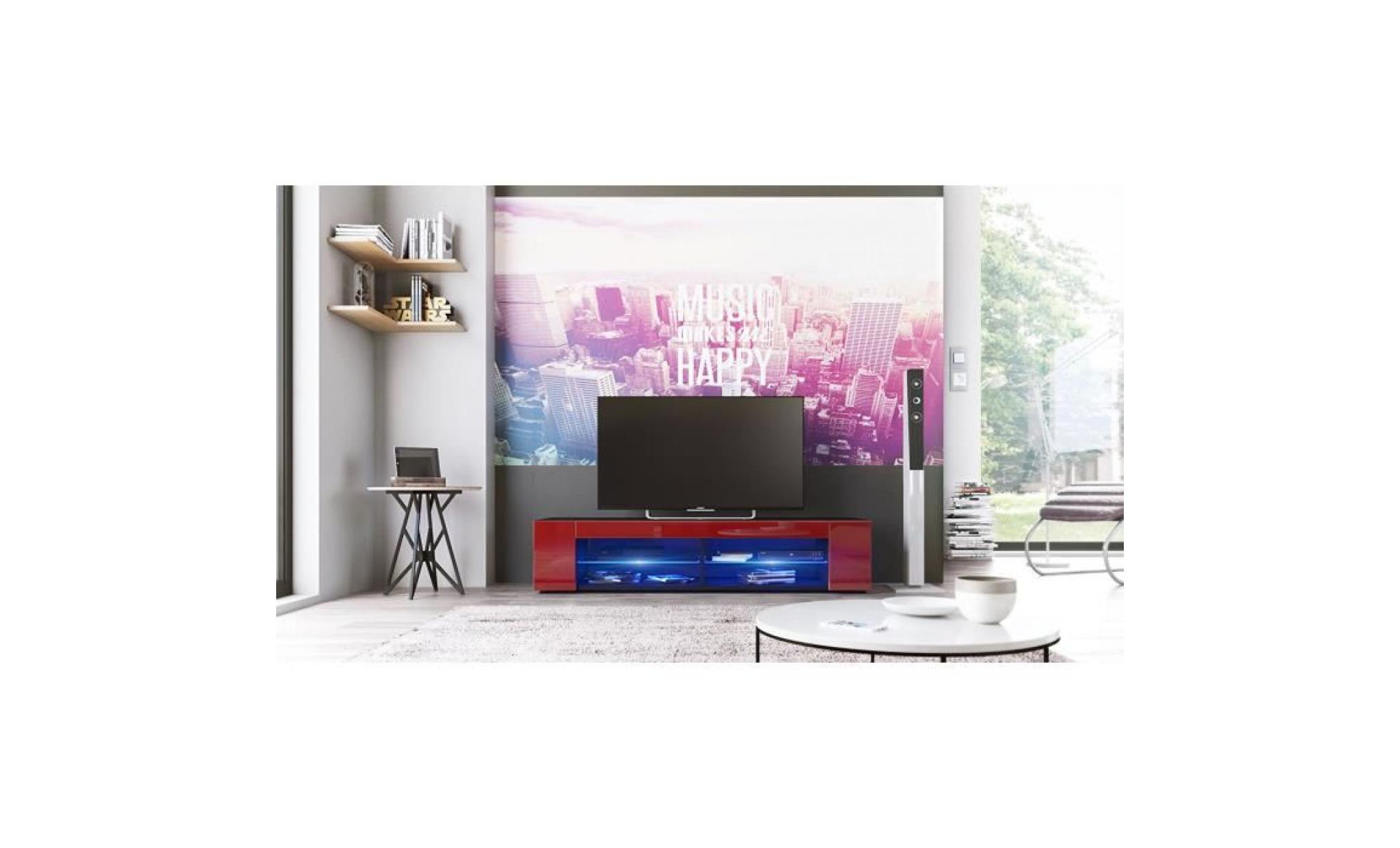 meuble tv corps  noir mat  façades en bordeaux laquées led bleu pas cher