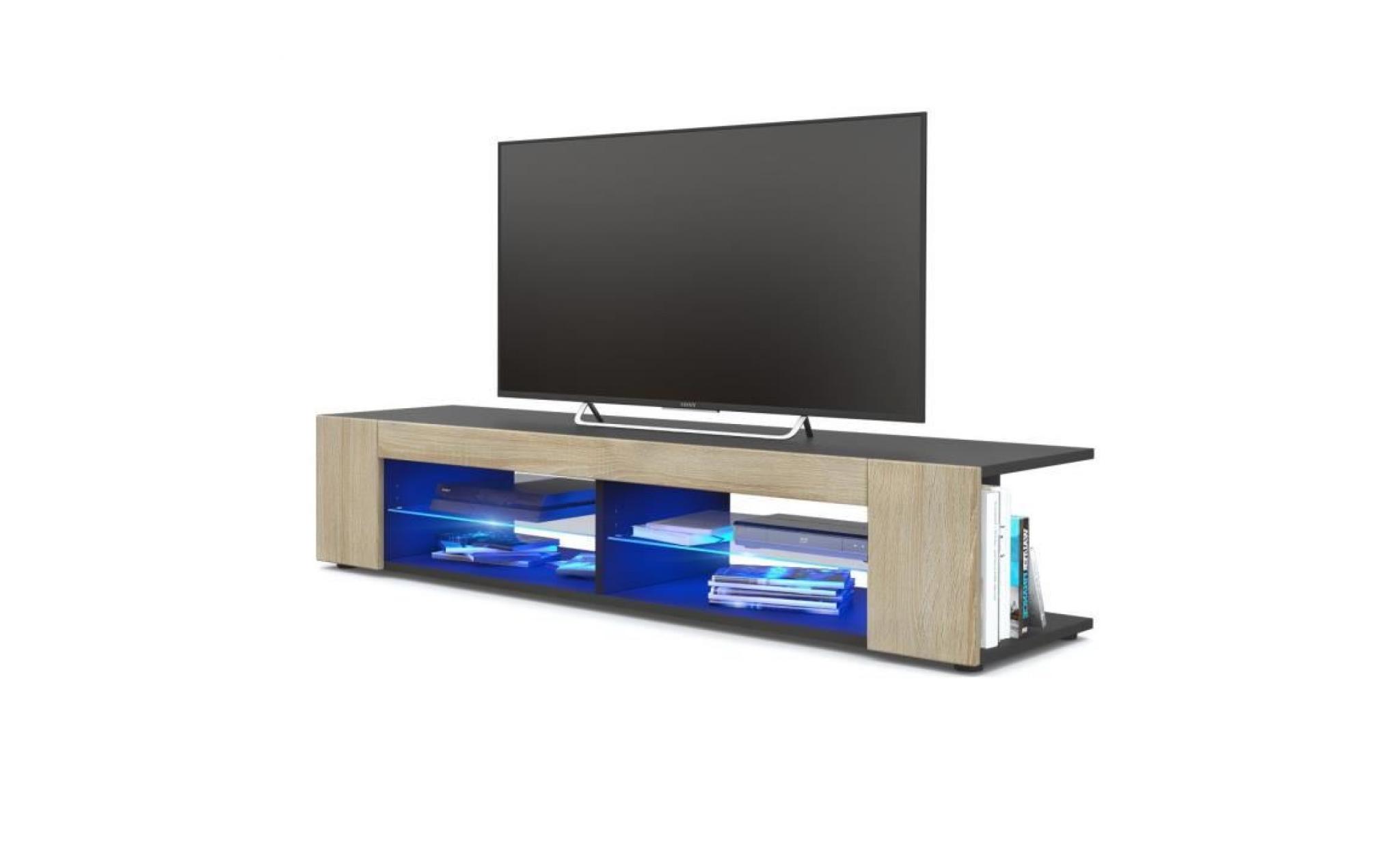 meuble tv corps  noir mat  façades en chêne brut mdf led bleu