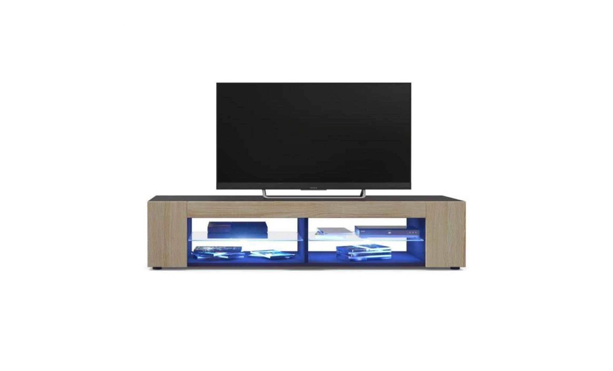 meuble tv corps  noir mat  façades en chêne brut mdf led bleu pas cher