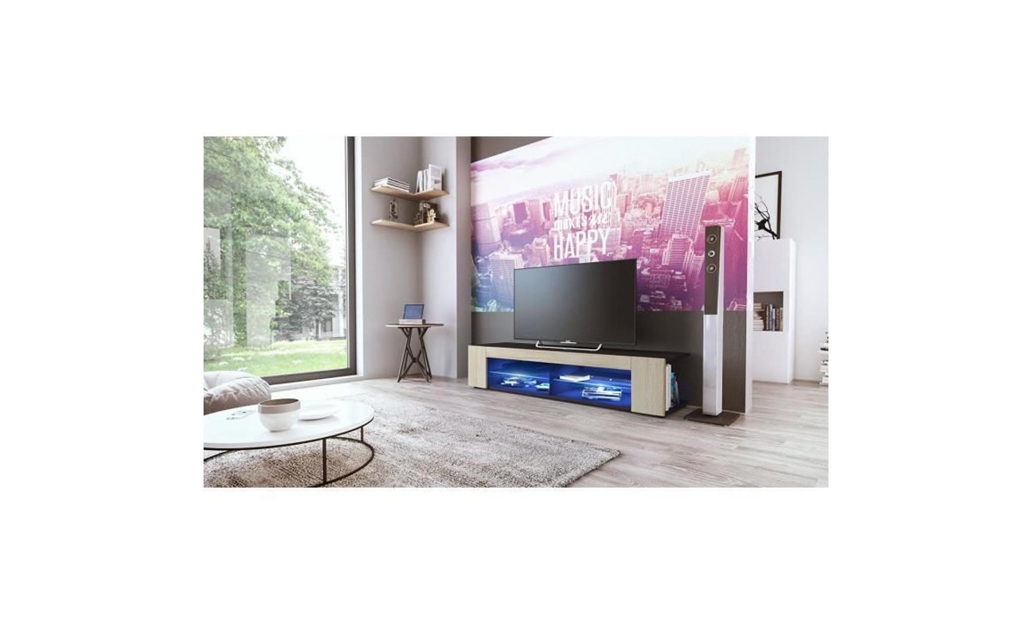 meuble tv corps  noir mat  façades en chêne brut mdf led bleu pas cher