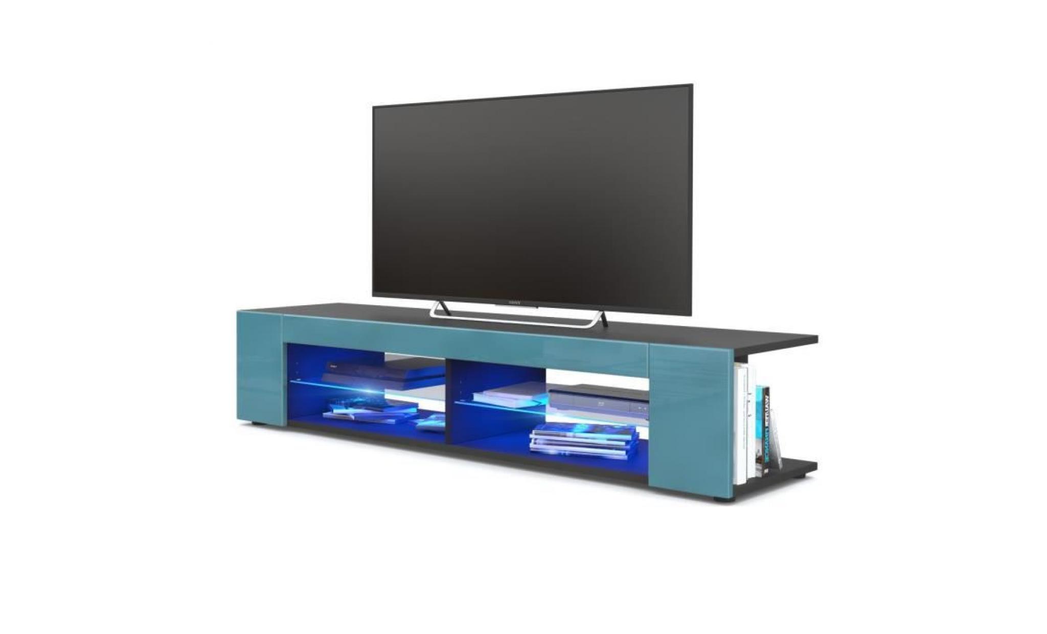meuble tv corps  noir mat  façades en turquoise laquées led bleu