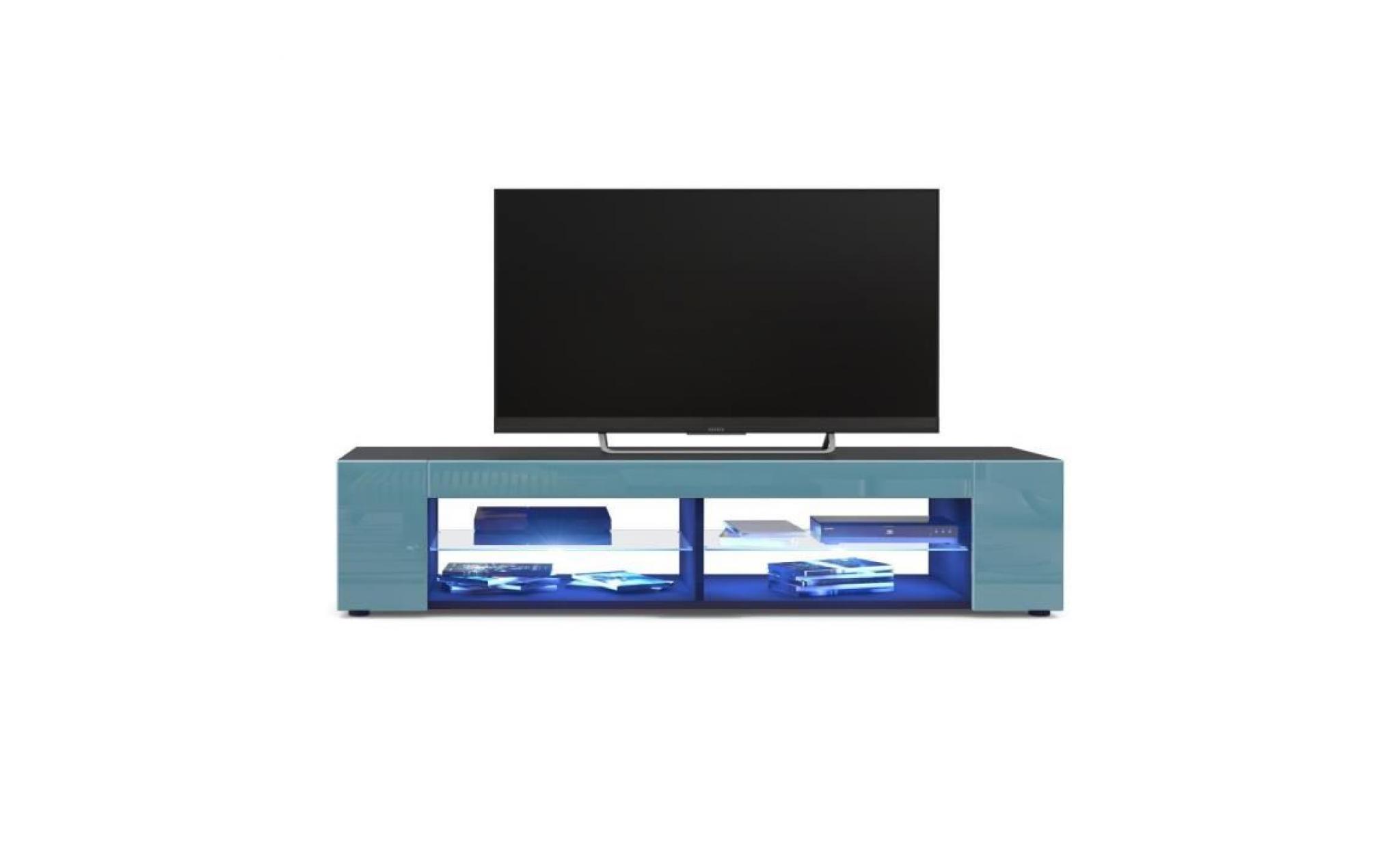 meuble tv corps  noir mat  façades en turquoise laquées led bleu pas cher
