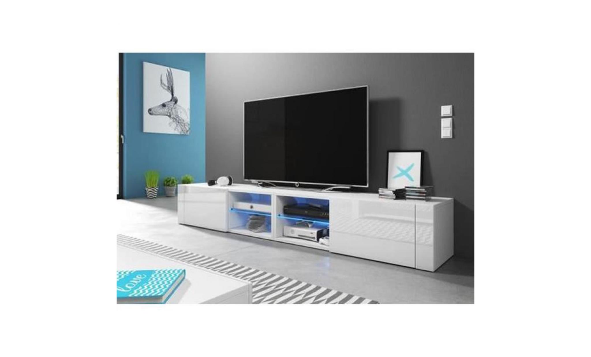 meuble tv design blanc mat avec blanc brillant, eclairage à la led bleue