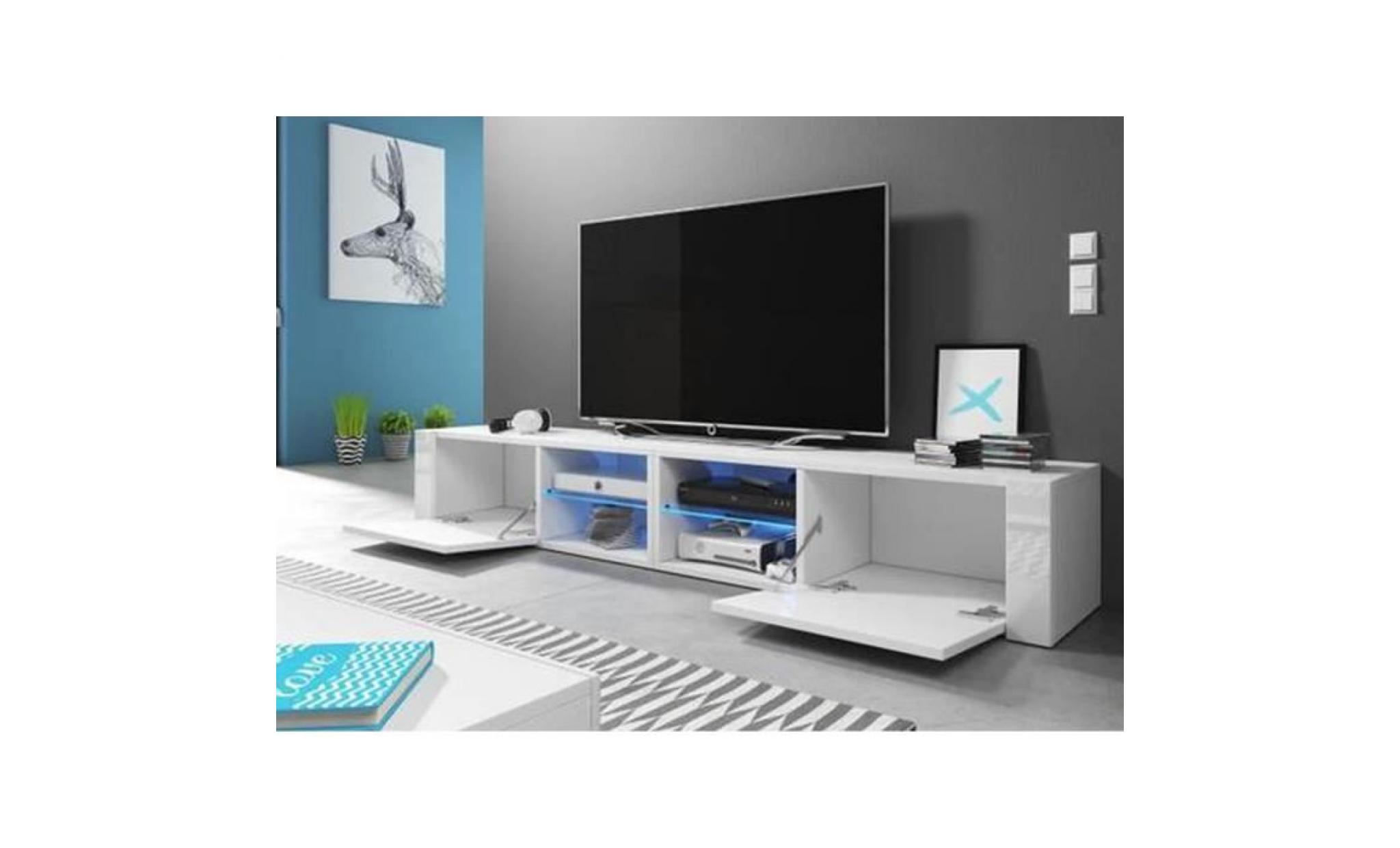 meuble tv design blanc mat avec blanc brillant, eclairage à la led bleue pas cher