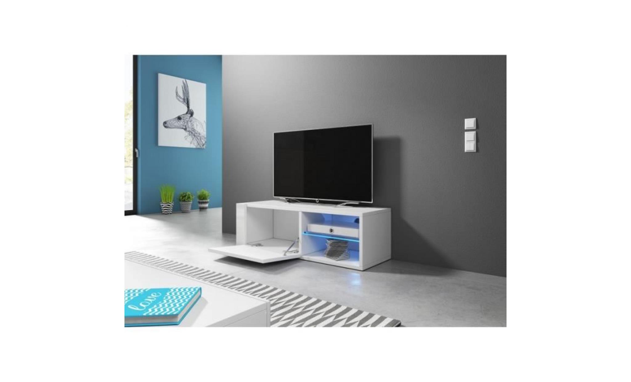 meuble tv design brest hit 100 cm, 1 porte et 2 niches, coloris blanc et gris brillant.: 30 blanc pas cher