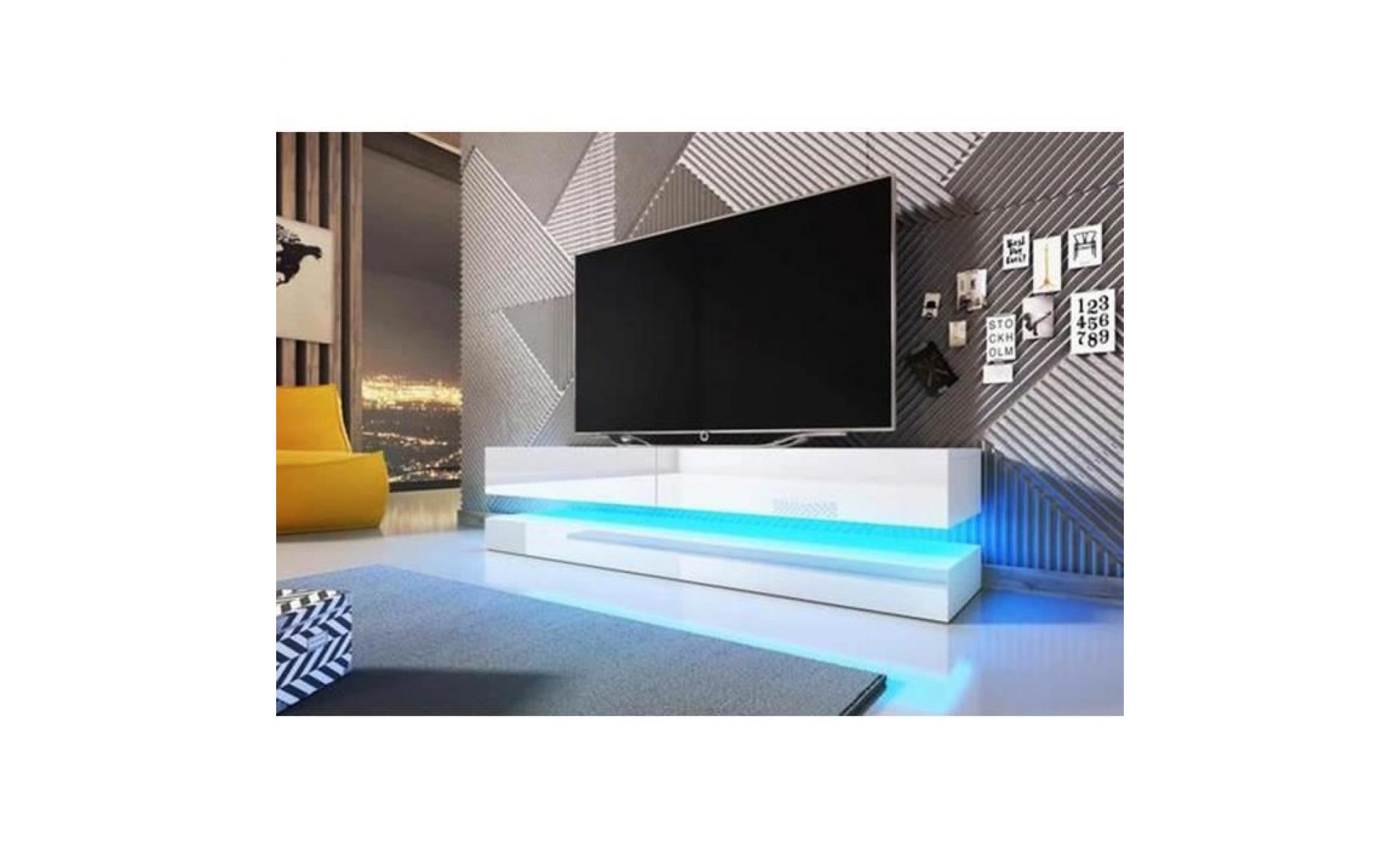 meuble tv design coloris blanc blanc brillant, avec éclairage à la led bleue pas cher