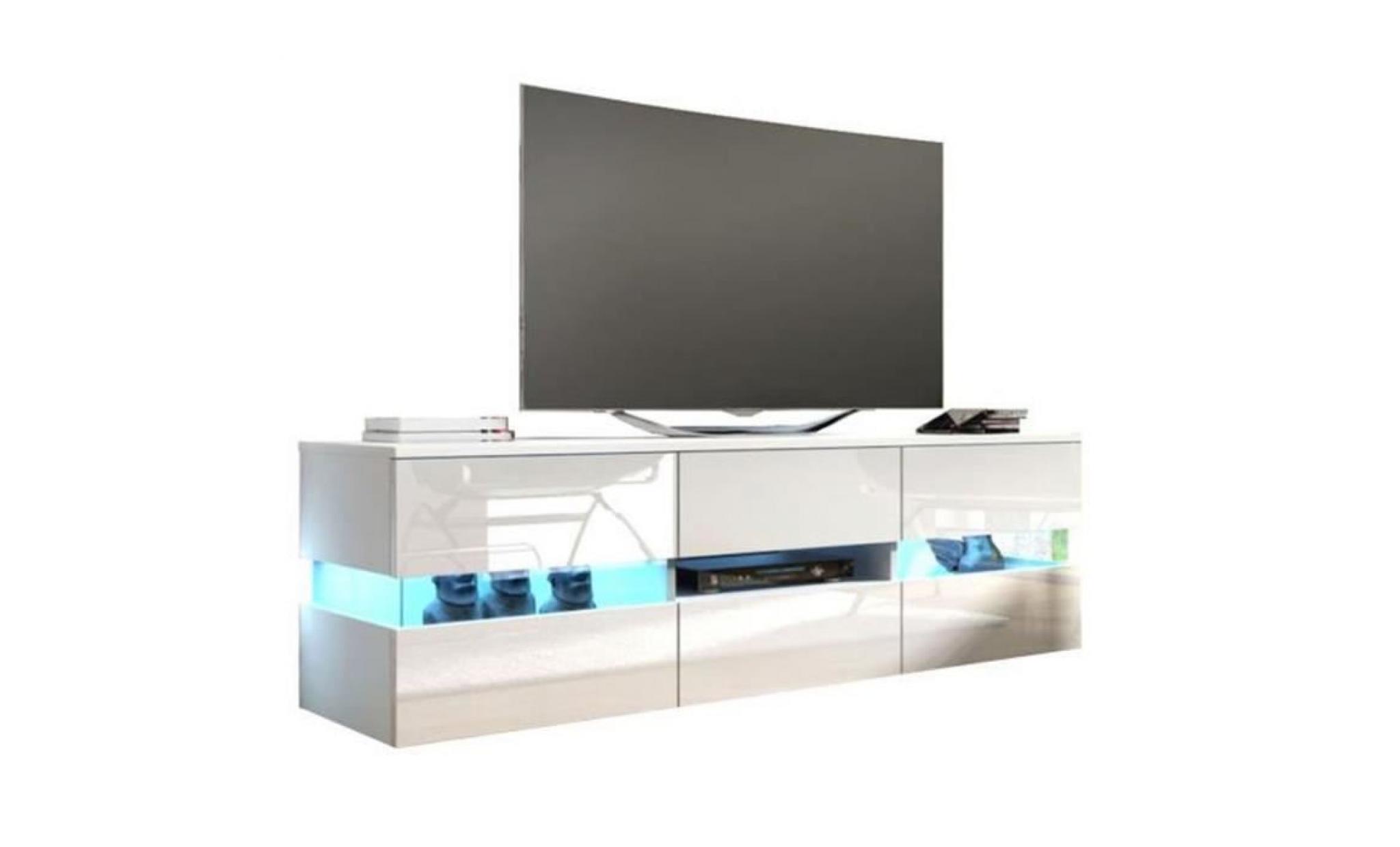 meuble tv design coloris blanc blanc brillant, éclairage led bleue   dim : 140x40x36cm