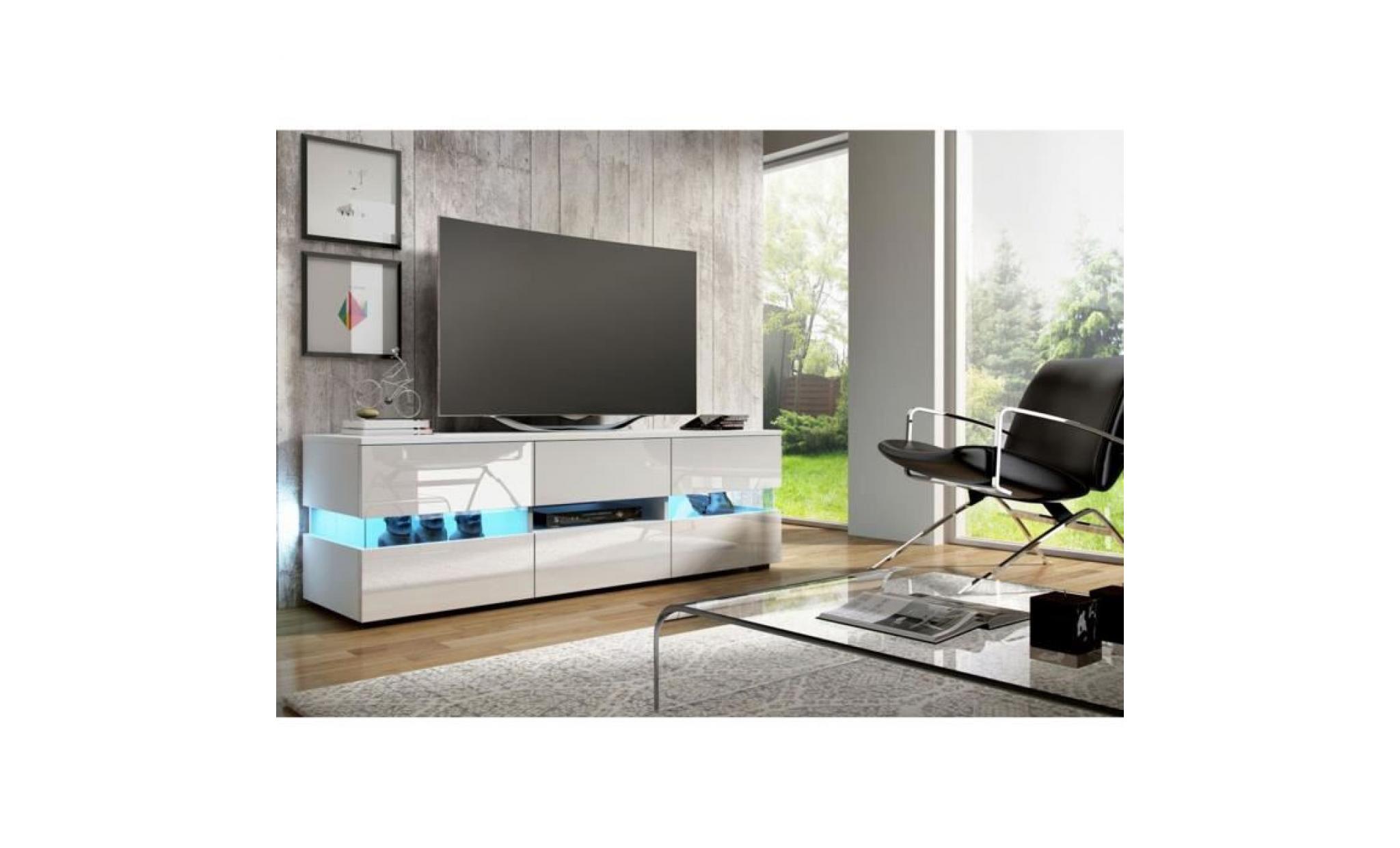 meuble tv design coloris blanc blanc brillant, éclairage led bleue   dim : 140x40x36cm pas cher