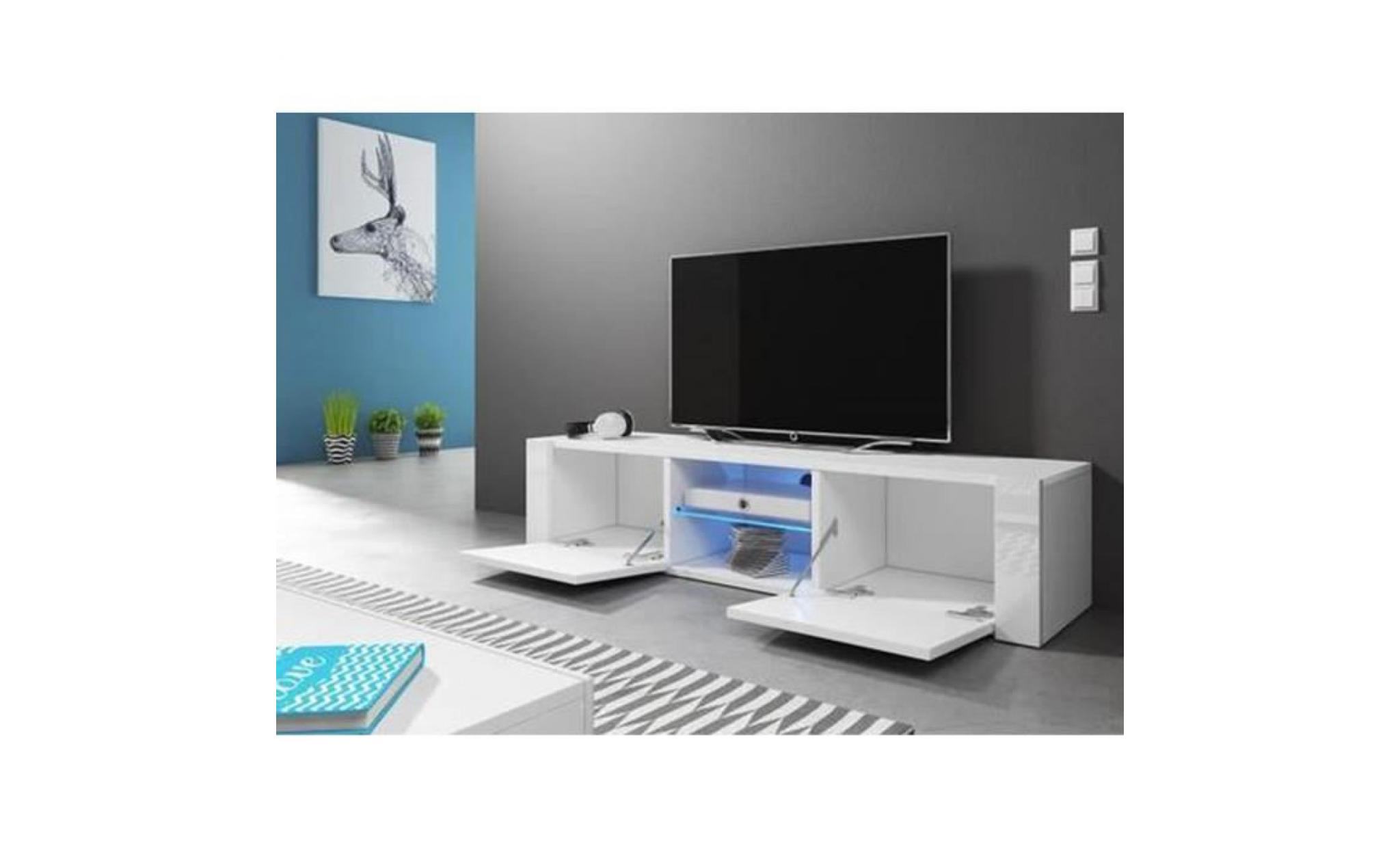 meuble tv design coloris blanc blanc brillant, éclairage led bleue   dim : 140x40x36cm pas cher