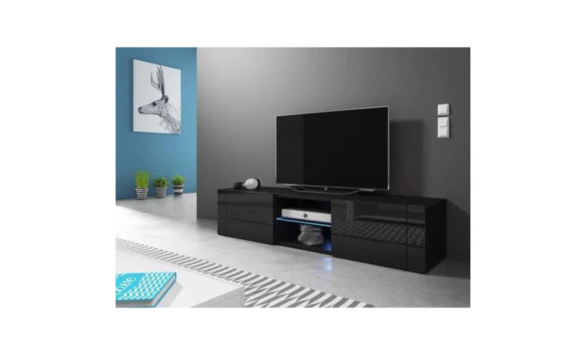 meuble tv design coloris noir noir brillant, éclairage led   dim : 100 x 30 x 36 cm pas cher