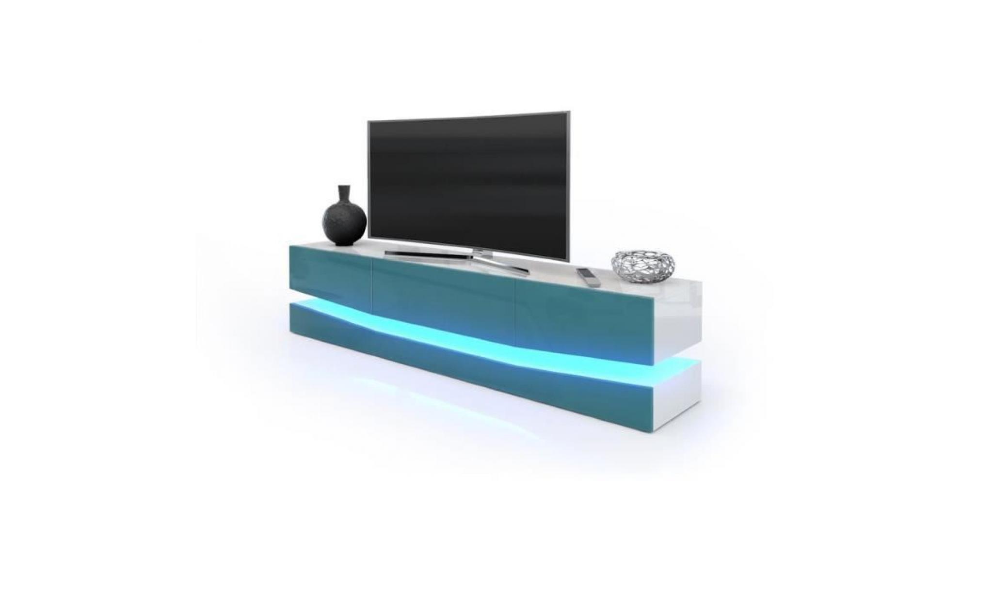 meuble tv  désign corps blanc et  façades  en turquoise haute brillance avec led