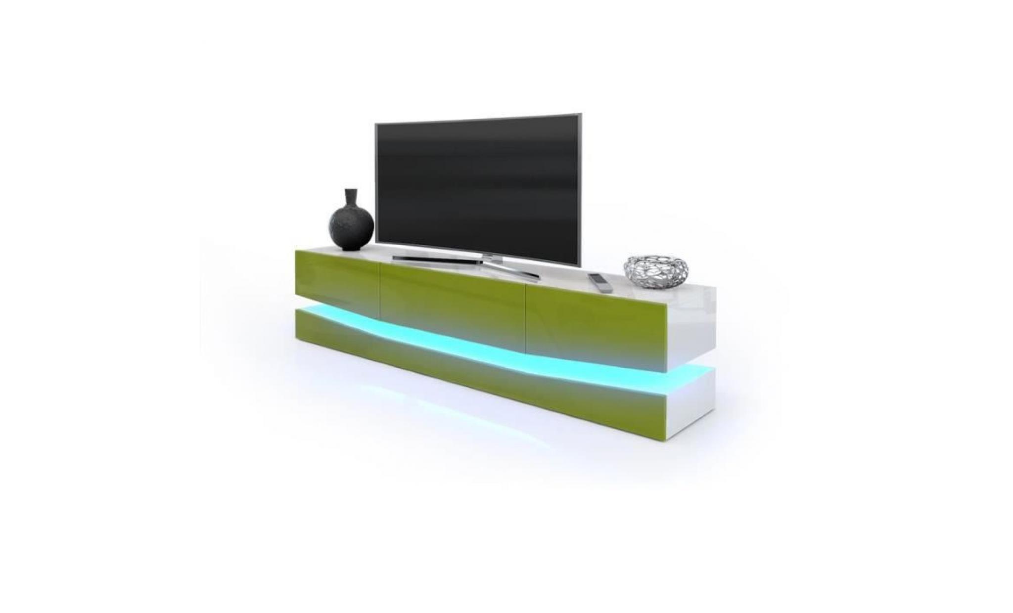 meuble tv  désign corps blanc et  façades  en  vert clair haute brillance avec led