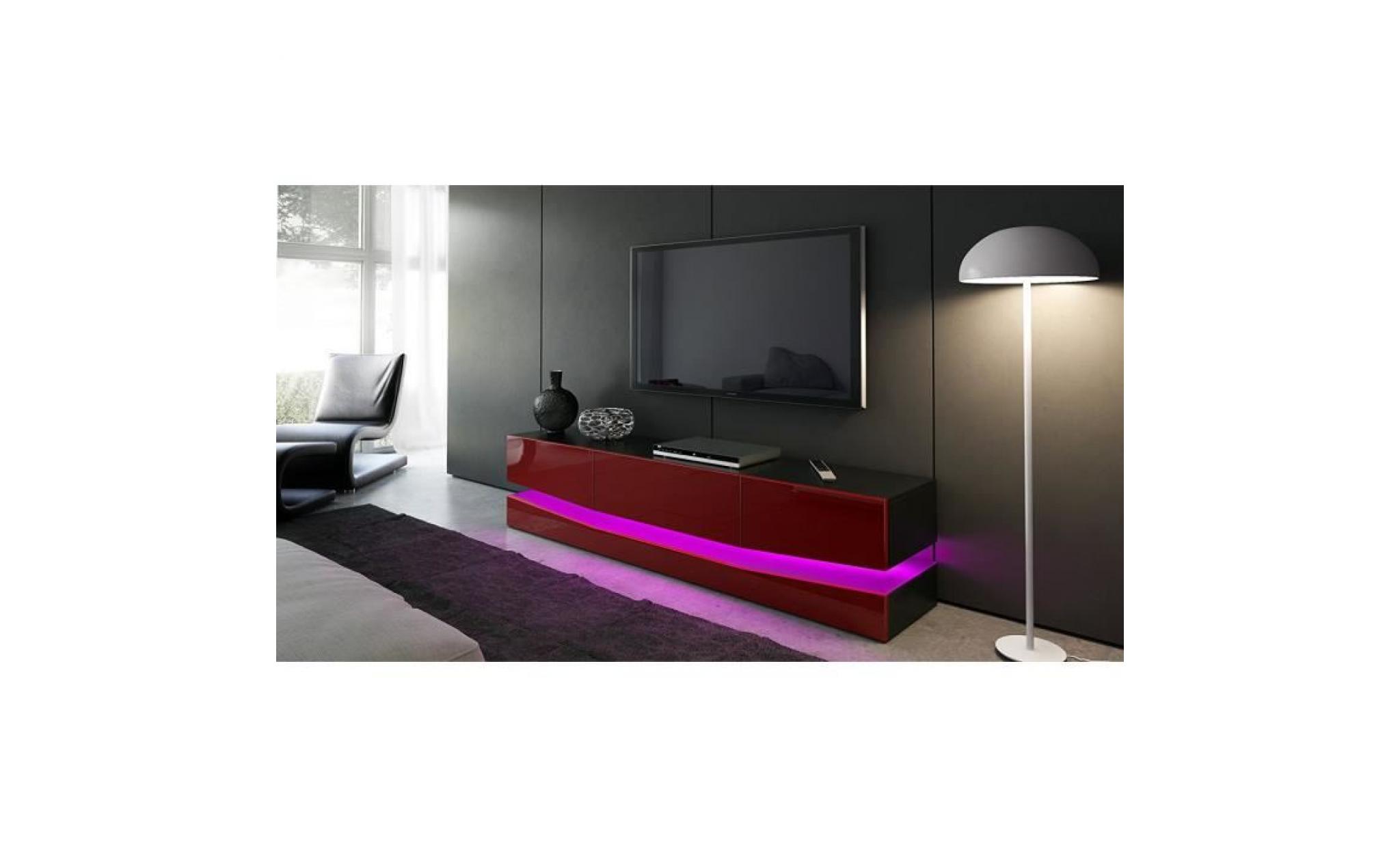 meuble tv  désign corps noir  et  façades en bordeaux haute brillance avec led pas cher