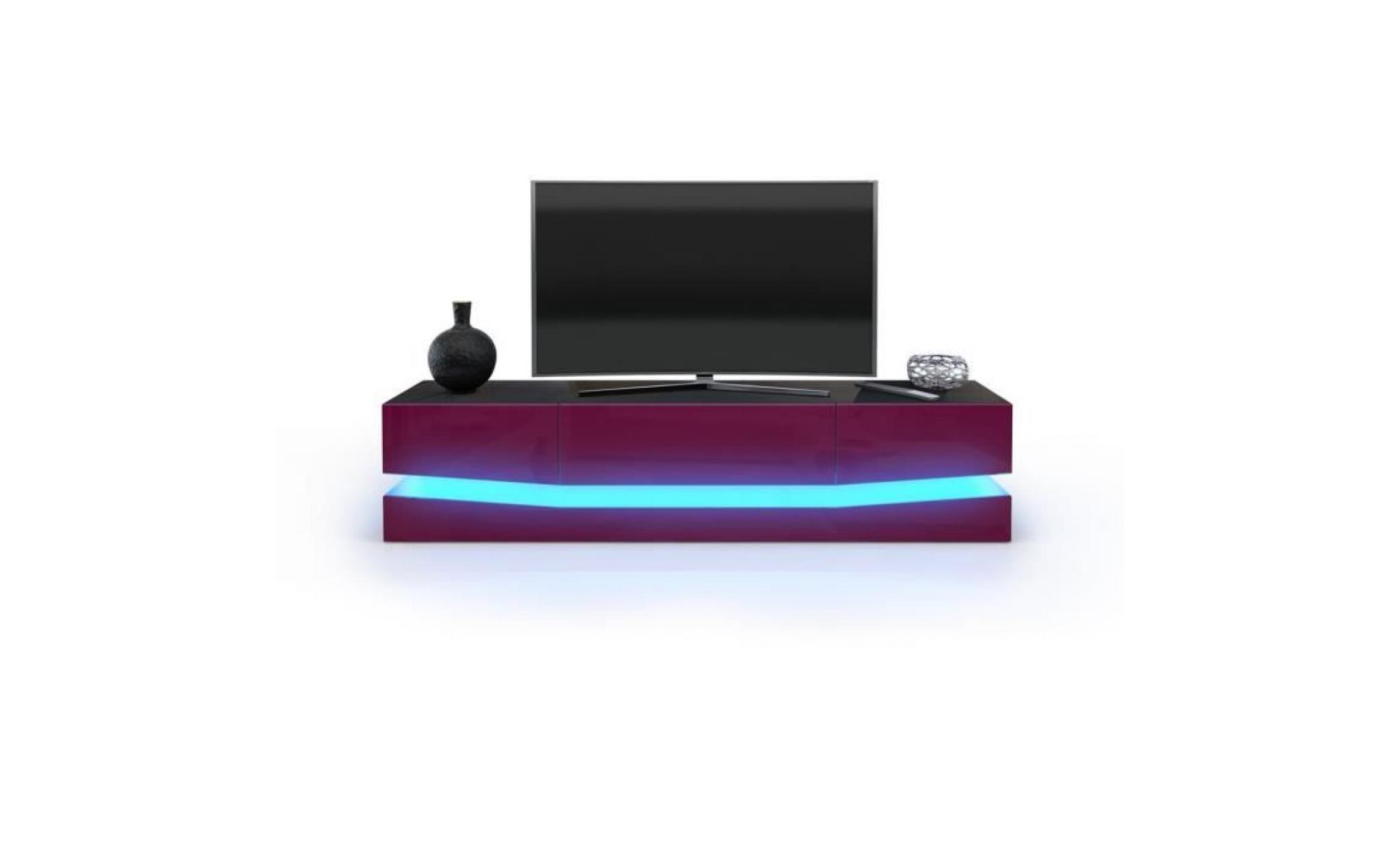 meuble tv  désign corps noir  et  façades en prune haute brillance avec led pas cher