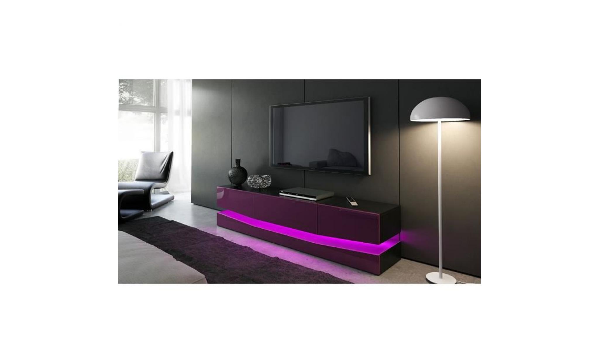meuble tv  désign corps noir  et  façades en prune haute brillance avec led pas cher